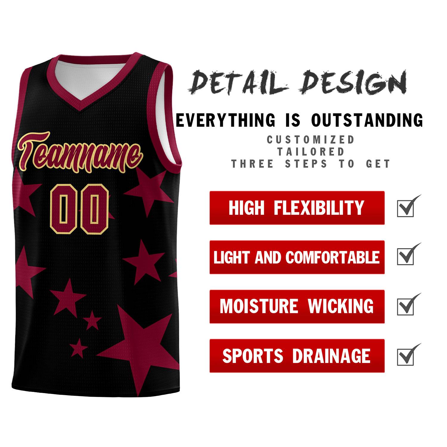 Custom Black Crimson Graffiti Pattern Star Print Basketball Kits Sets