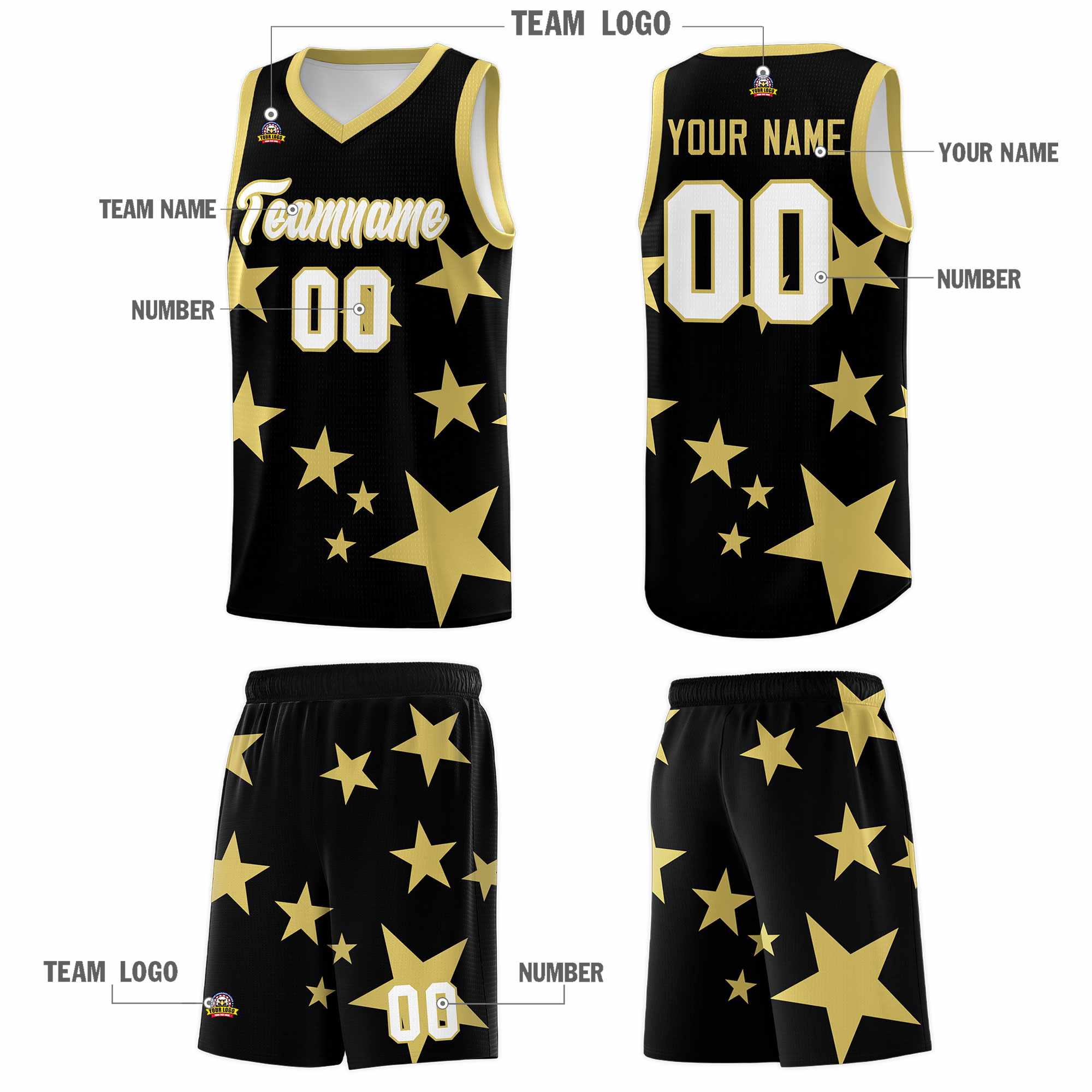 Custom Black Old Gold Graffiti Pattern Star Print Basketball Kits Sets