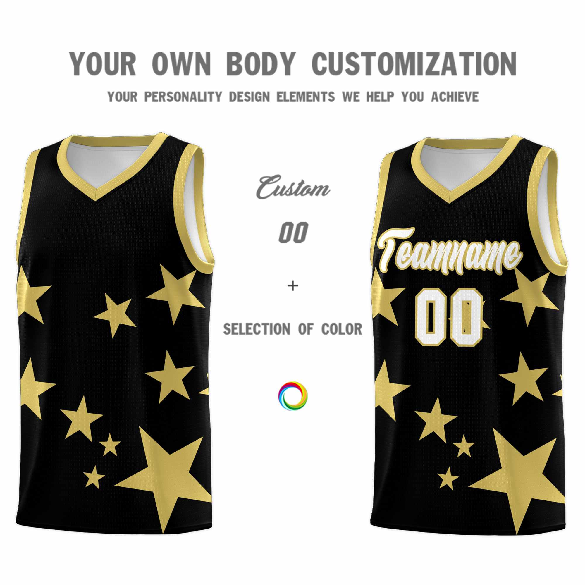 Custom Black Old Gold Graffiti Pattern Star Print Basketball Kits Sets