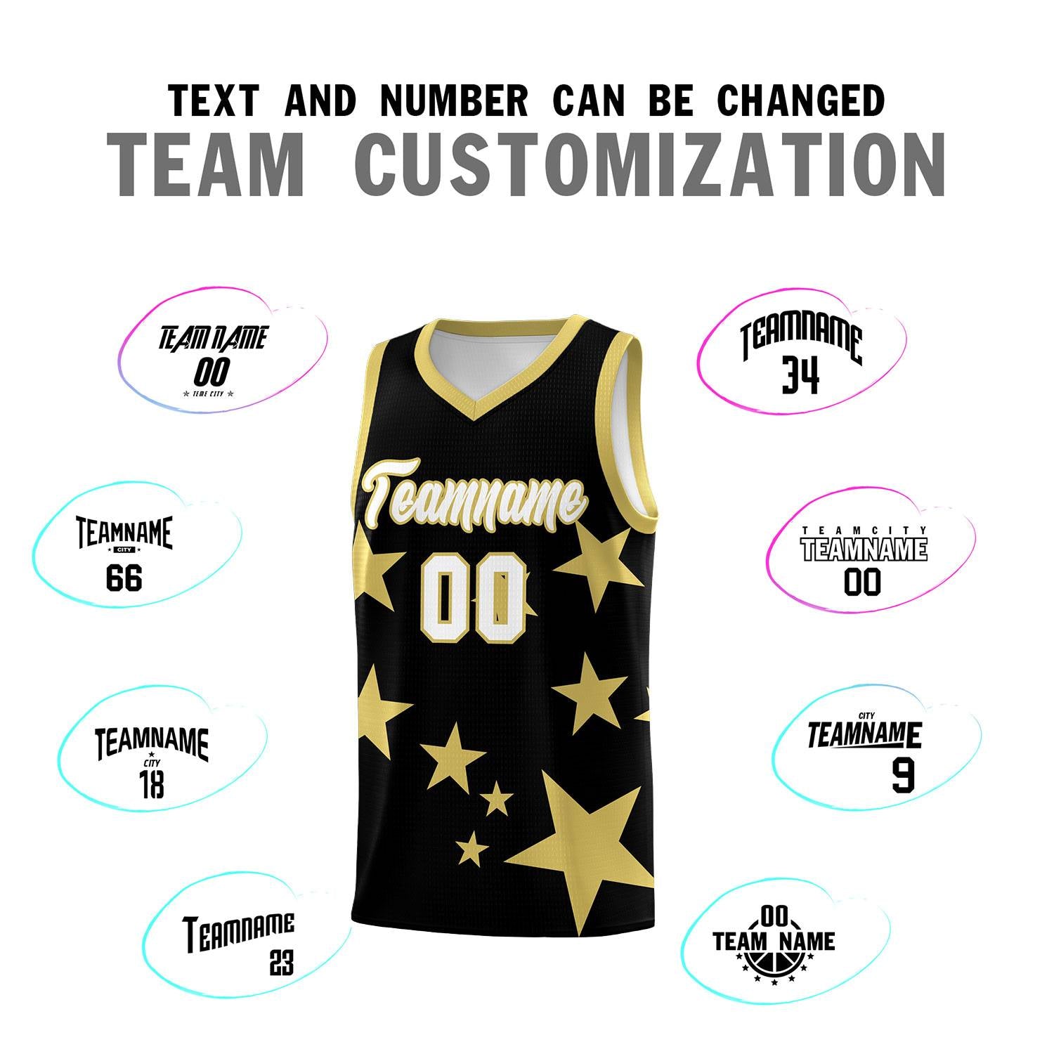 Custom Black Old Gold Graffiti Pattern Star Print Basketball Kits Sets