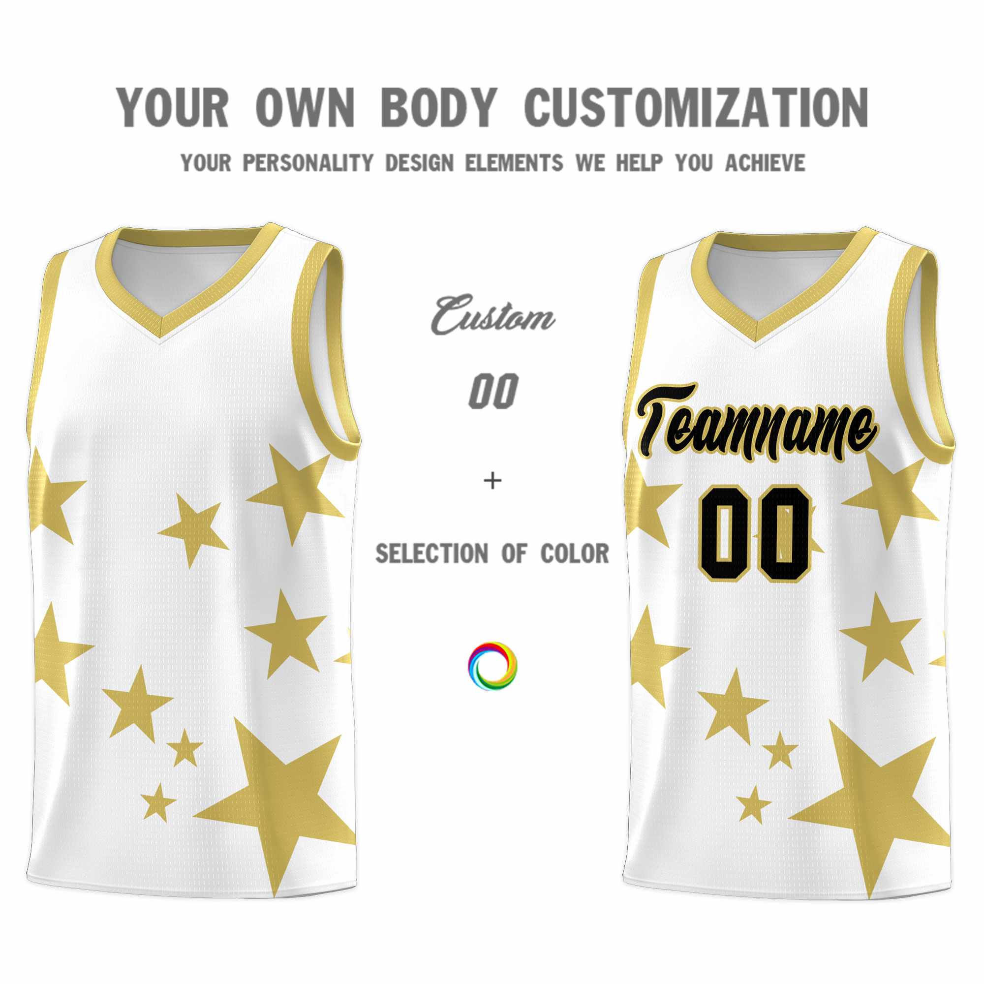 Custom White Old Gold Graffiti Pattern Star Print Basketball Kits Sets