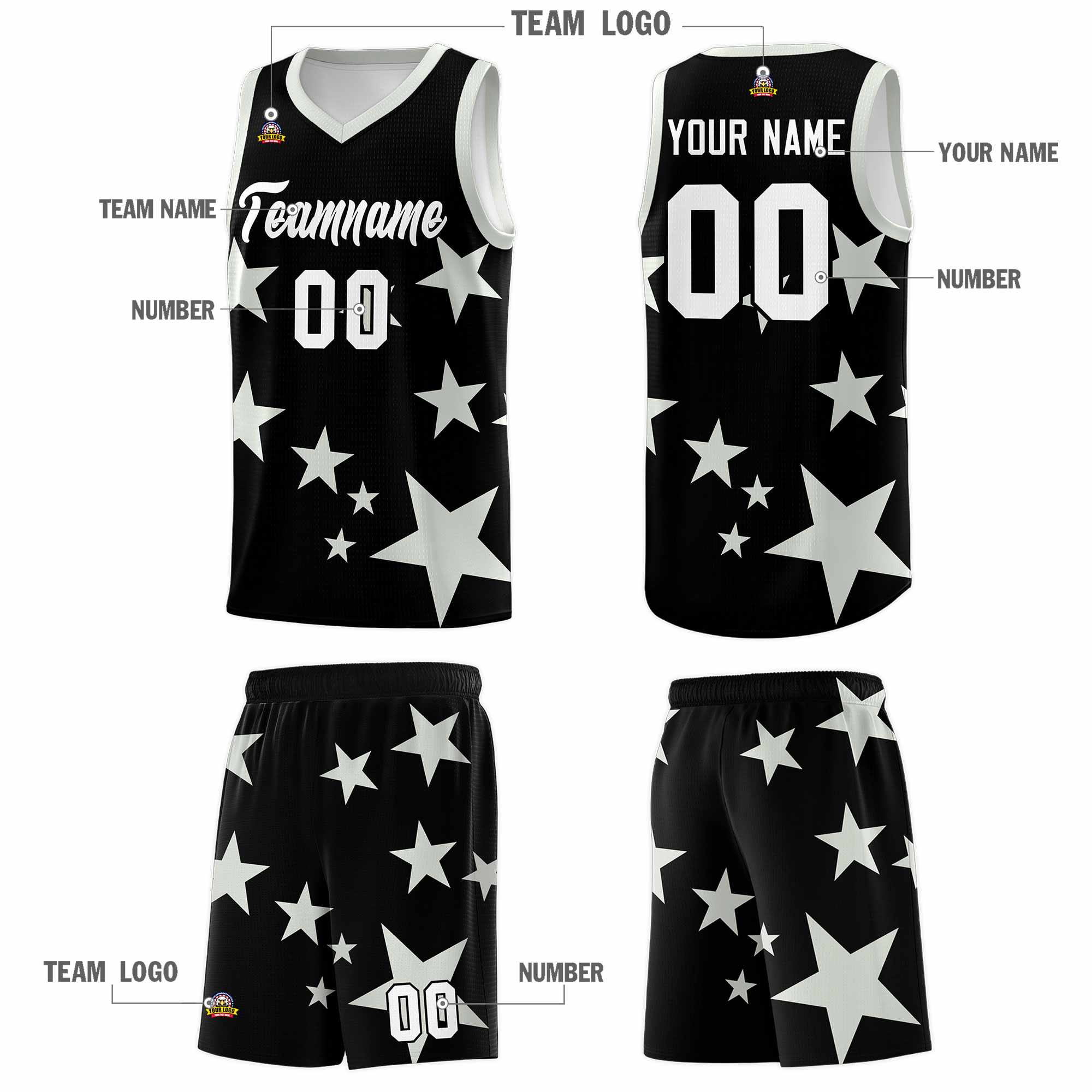Custom Black Gray Graffiti Pattern Star Print Basketball Kits Sets