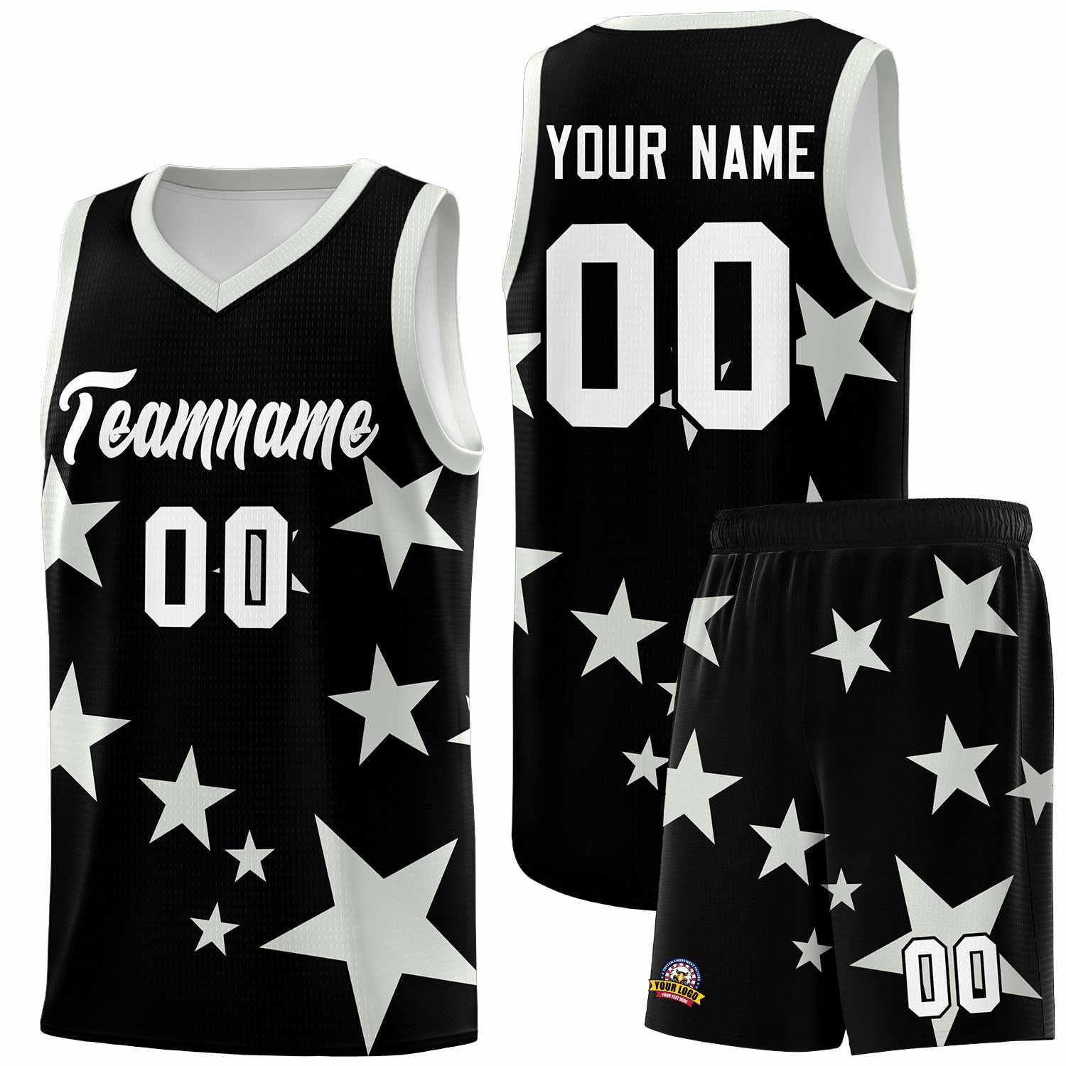 Custom Black Gray Graffiti Pattern Star Print Basketball Kits Sets