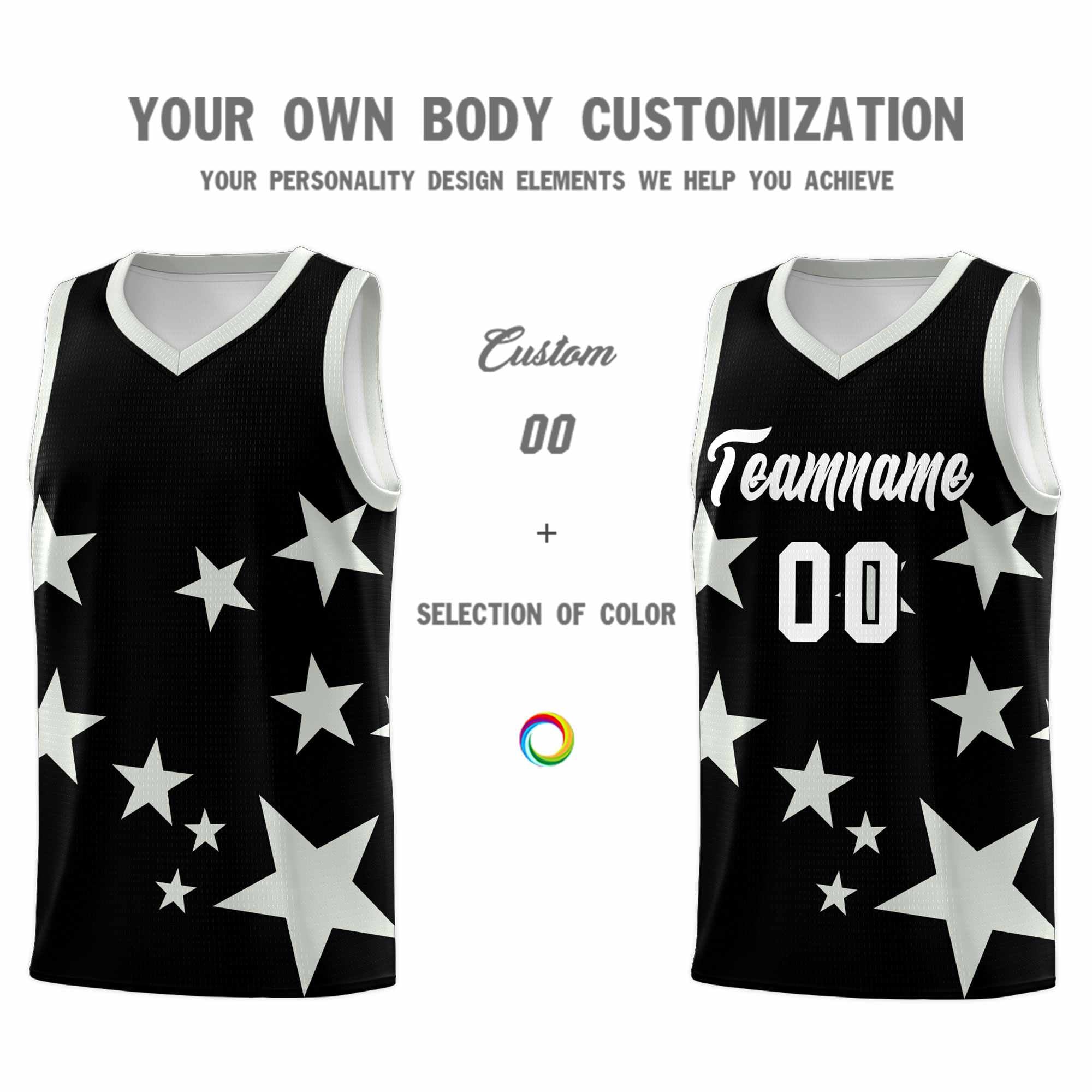 Custom Black Gray Graffiti Pattern Star Print Basketball Kits Sets