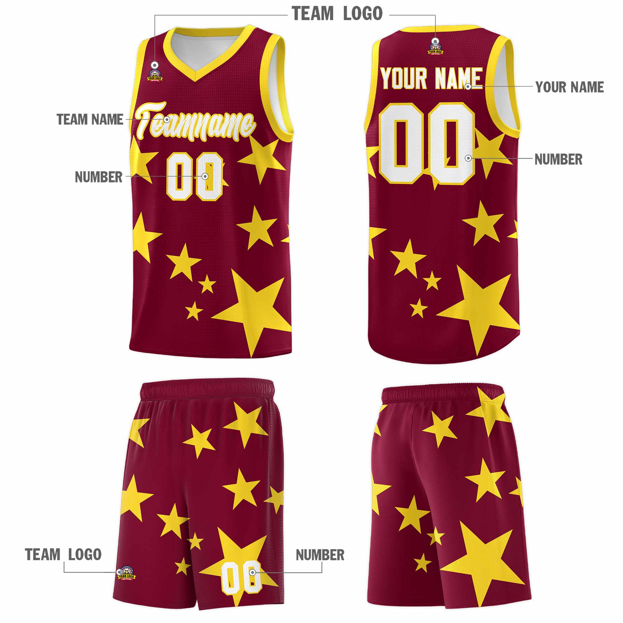 Custom Crimson Gold Graffiti Pattern Star Print Basketball Kits Sets
