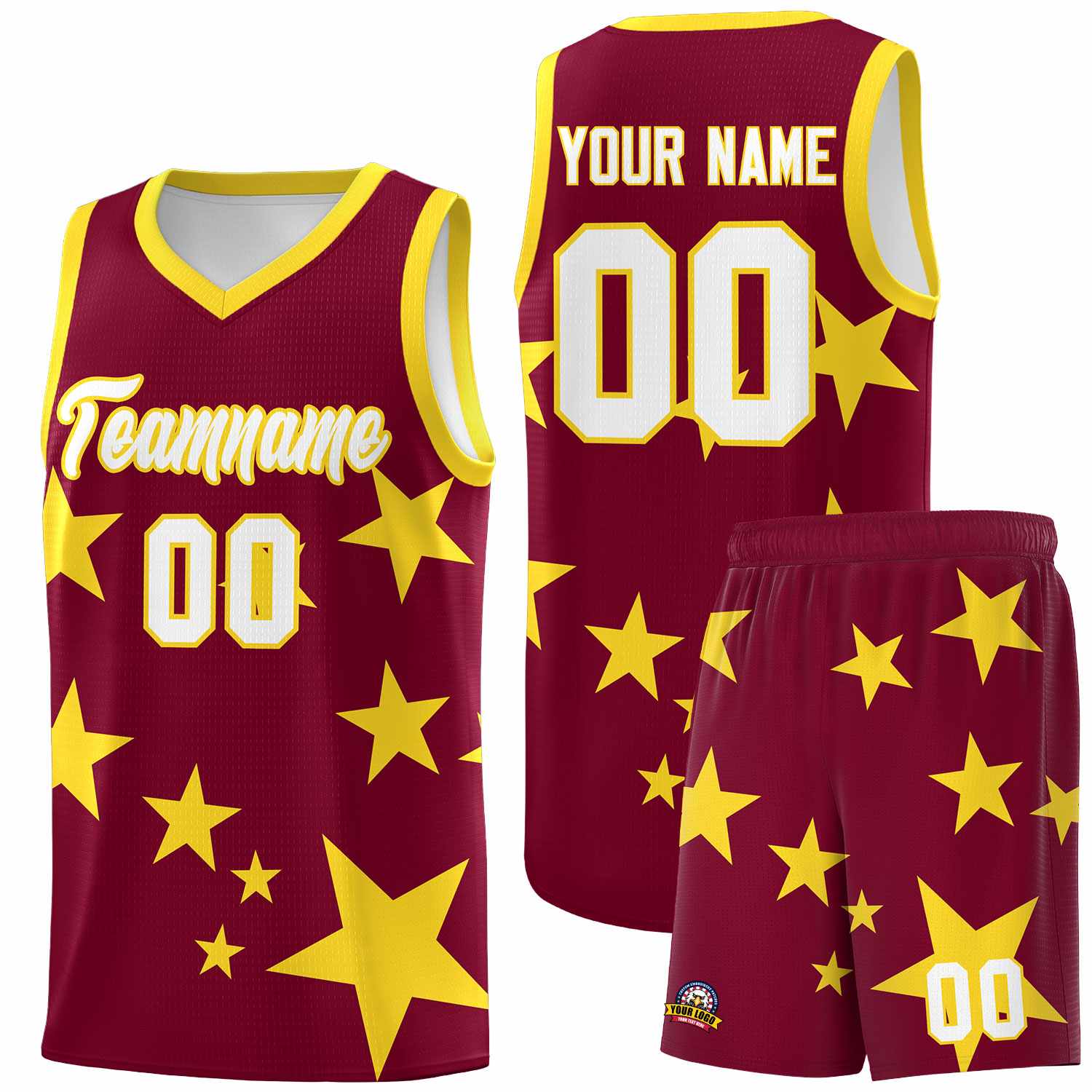Custom Crimson Gold Graffiti Pattern Star Print Basketball Kits Sets