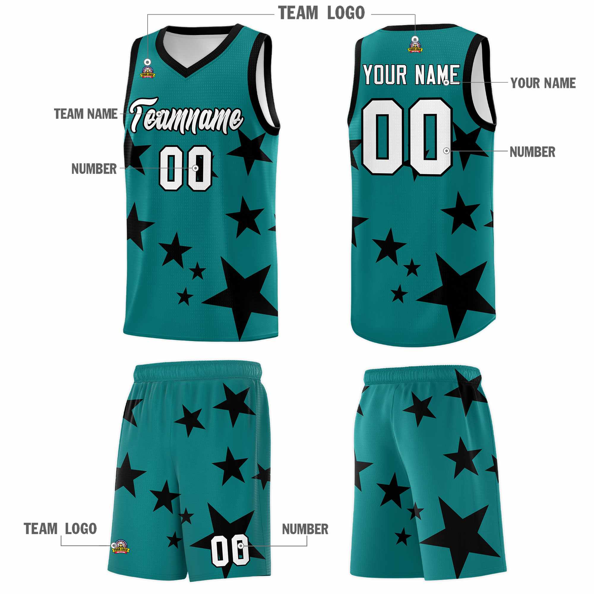 Custom Aqua Black Graffiti Pattern Star Print Basketball Kits Sets