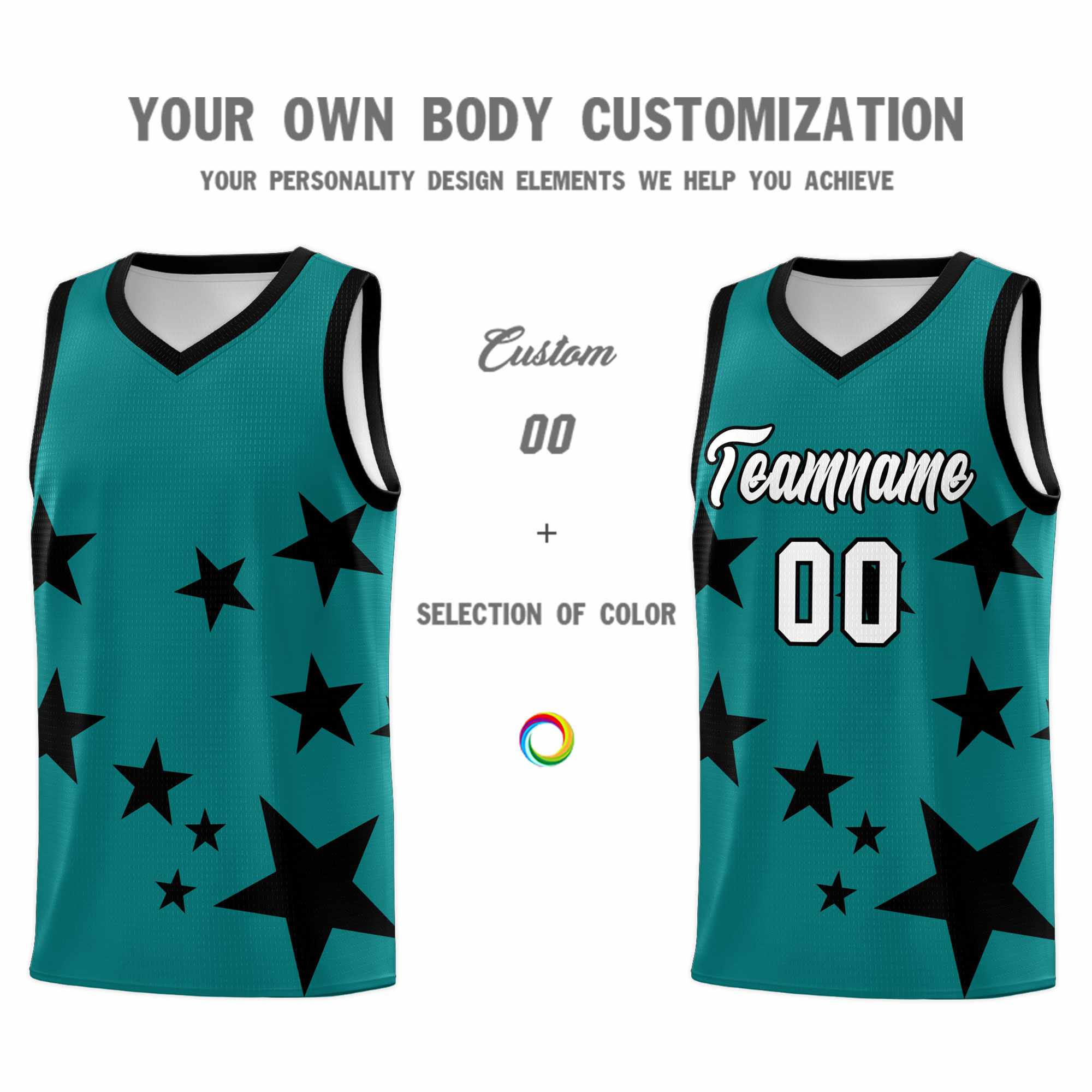 Custom Aqua Black Graffiti Pattern Star Print Basketball Kits Sets