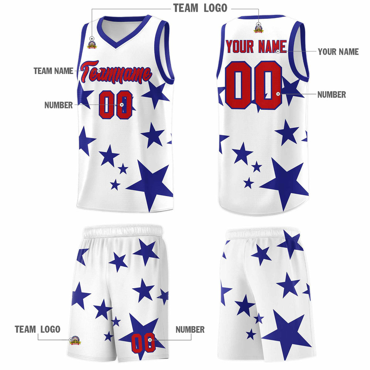 Custom White Royal Graffiti Pattern Star Print Basketball Kits Sets