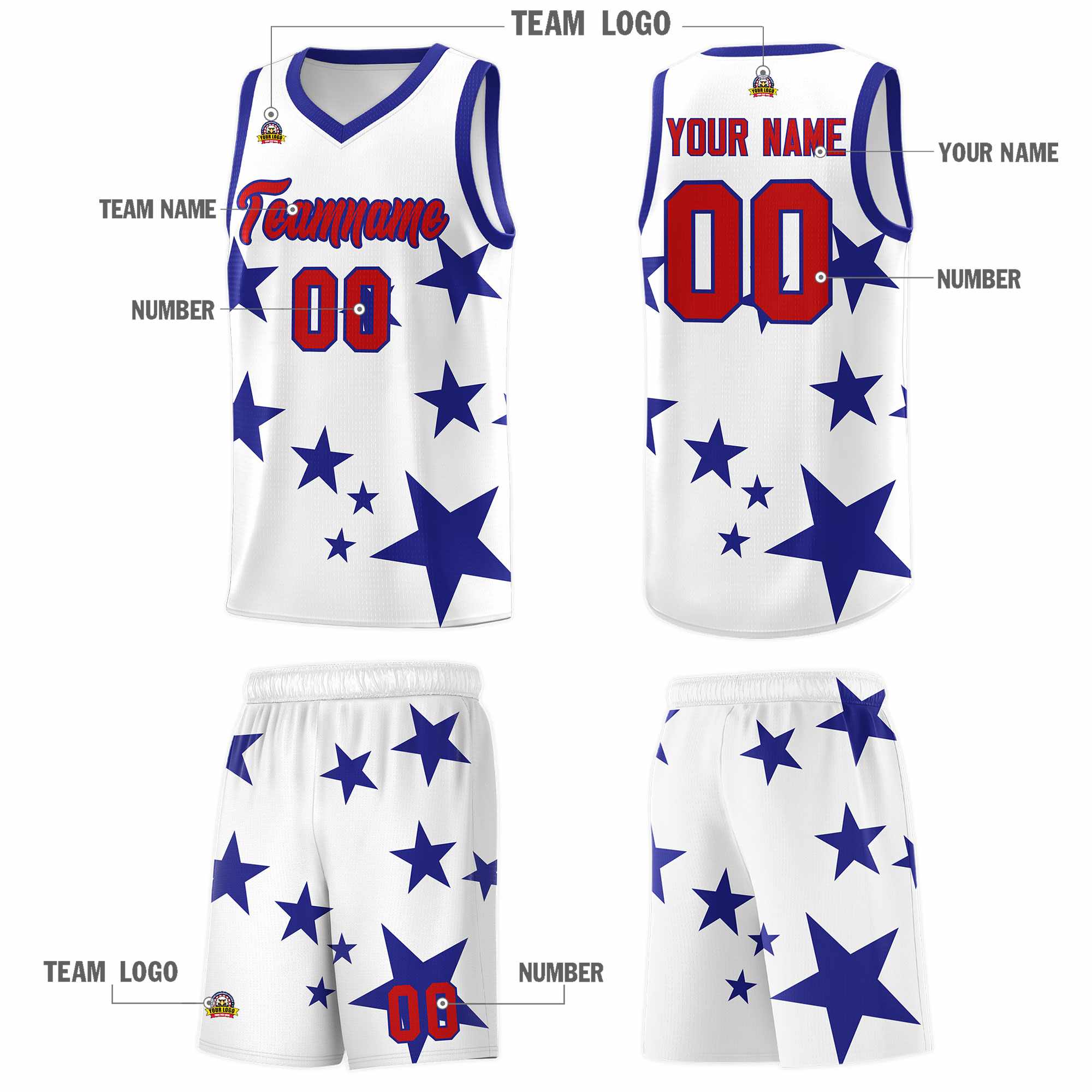 Custom White Royal Graffiti Pattern Star Print Basketball Kits Sets