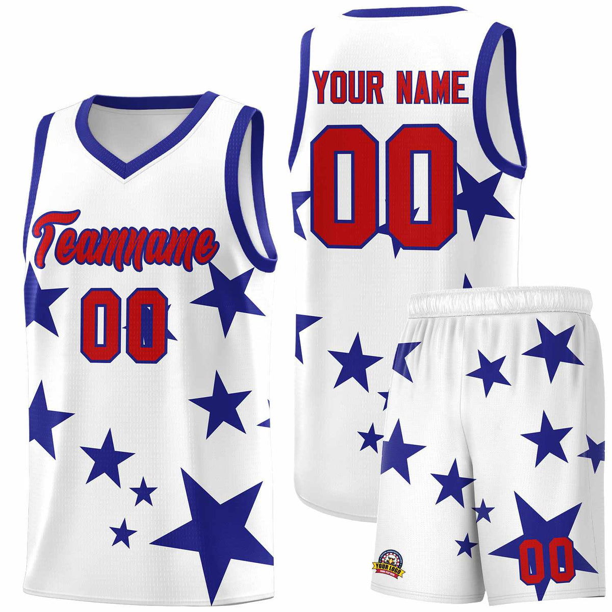 Custom White Royal Graffiti Pattern Star Print Basketball Kits Sets