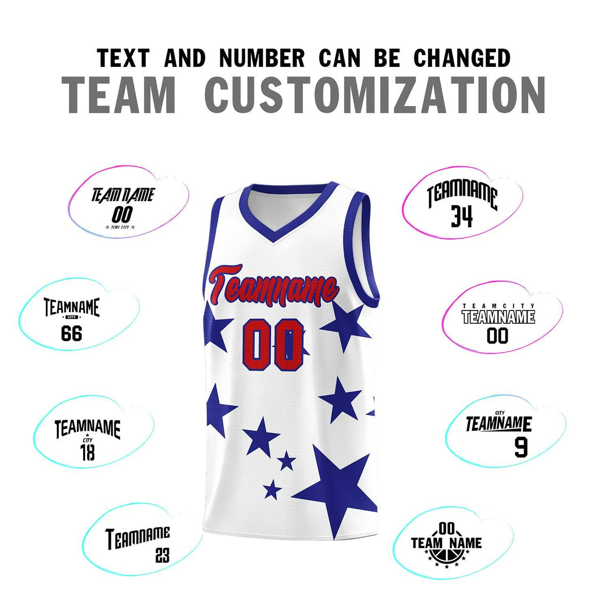 Custom White Royal Graffiti Pattern Star Print Basketball Kits Sets