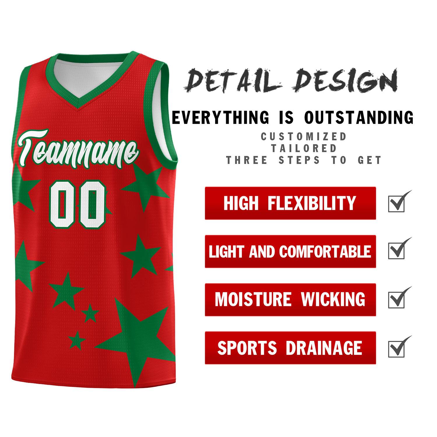 Custom Red Kelly Green Graffiti Pattern Star Print Basketball Kits Sets