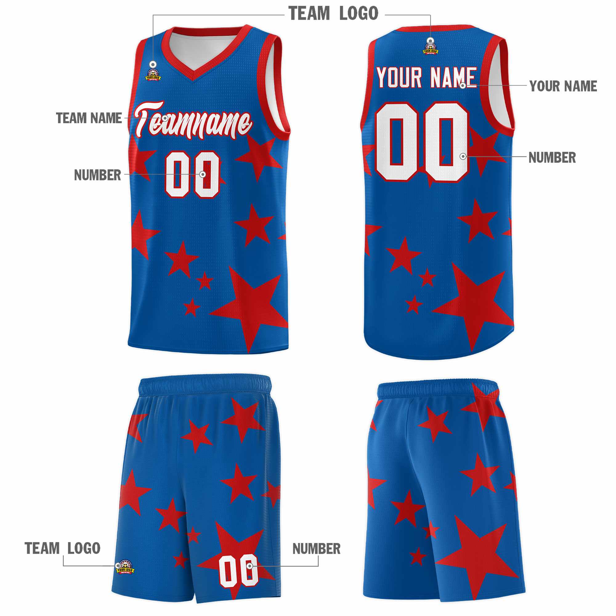 Custom Royal Red Graffiti Pattern Star Print Basketball Kits Sets