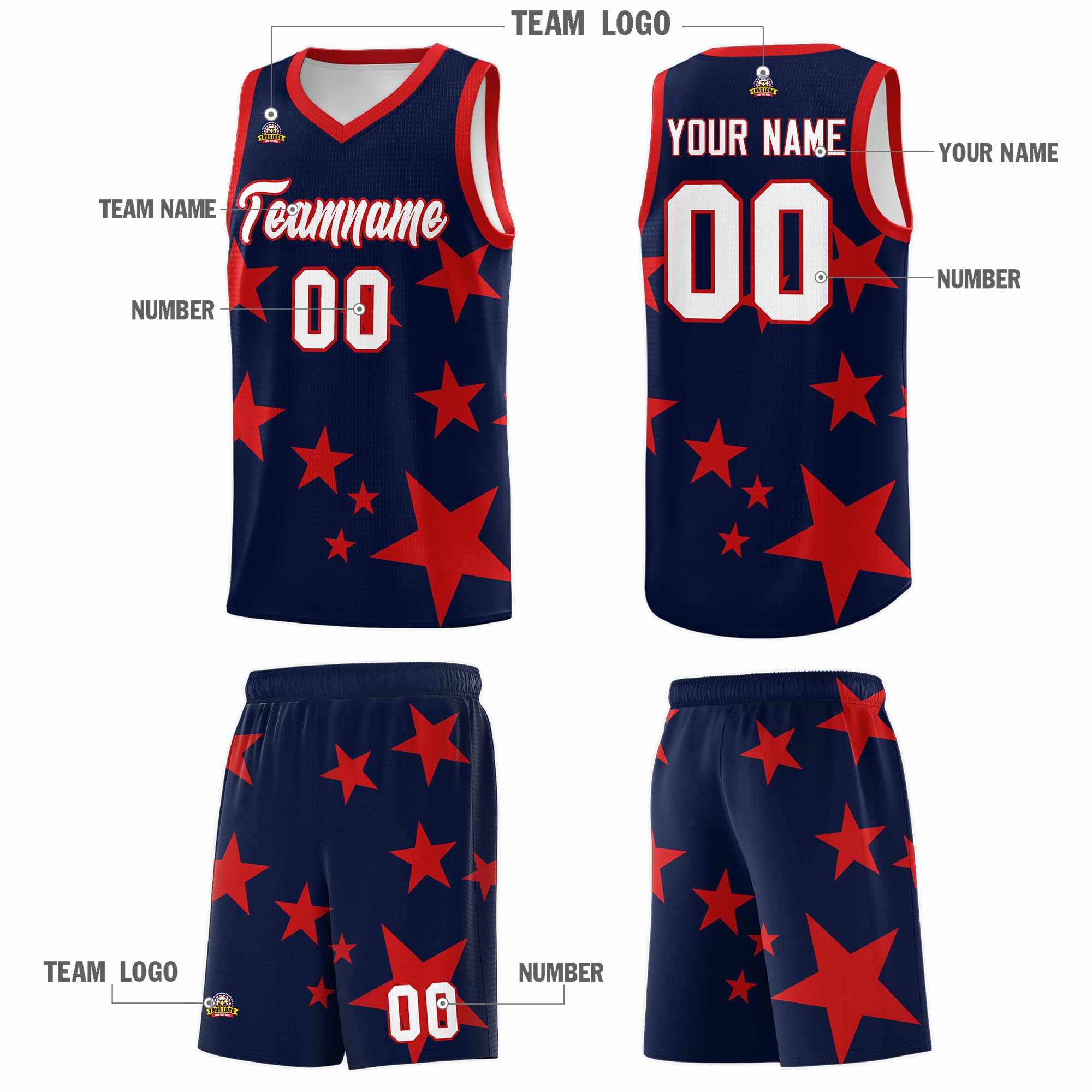 Custom Navy Red Graffiti Pattern Star Print Basketball Kits Sets