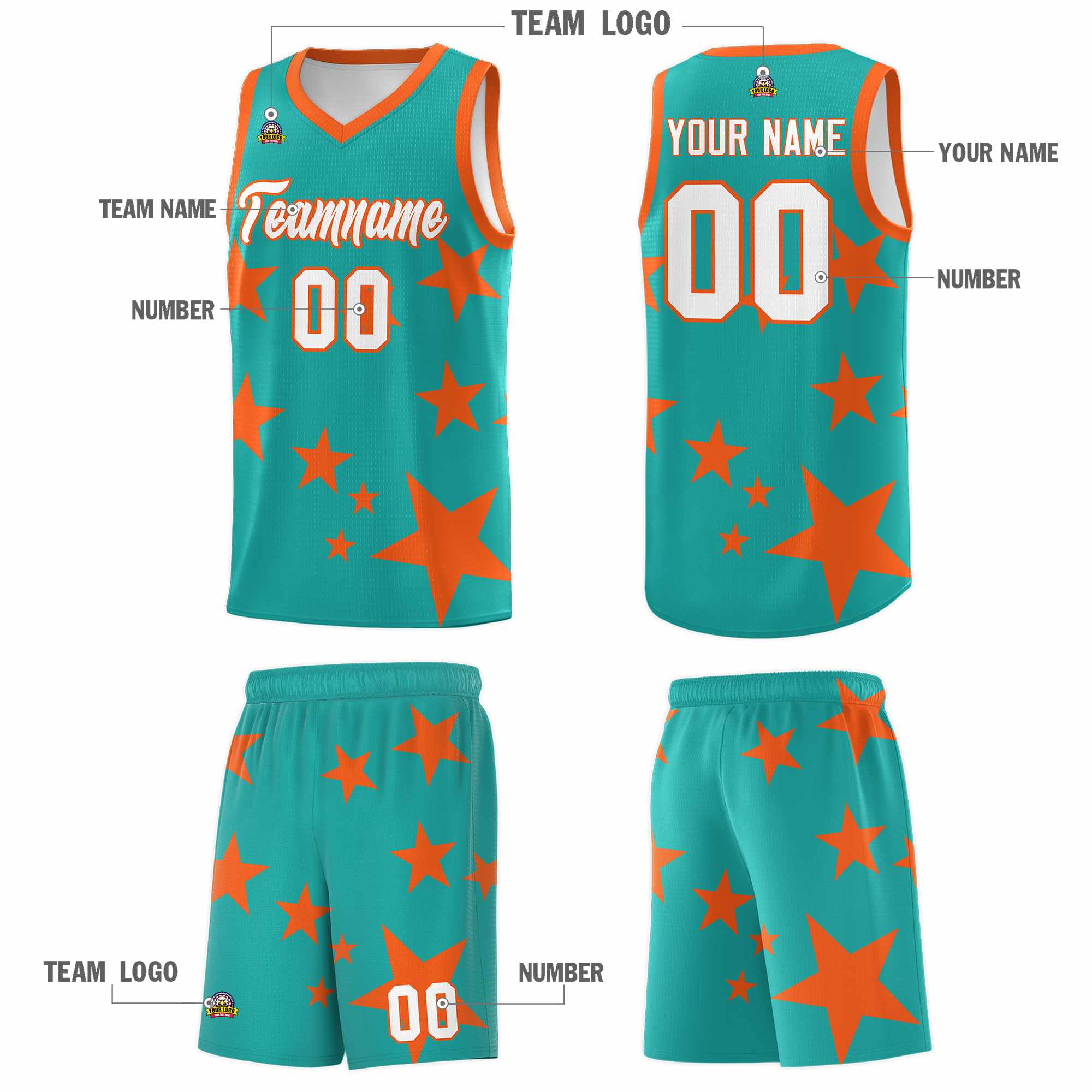 Custom Aqua Orange Graffiti Pattern Star Print Basketball Kits Sets