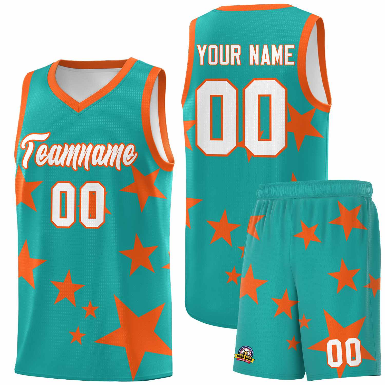 Custom Aqua Orange Graffiti Pattern Star Print Basketball Kits Sets
