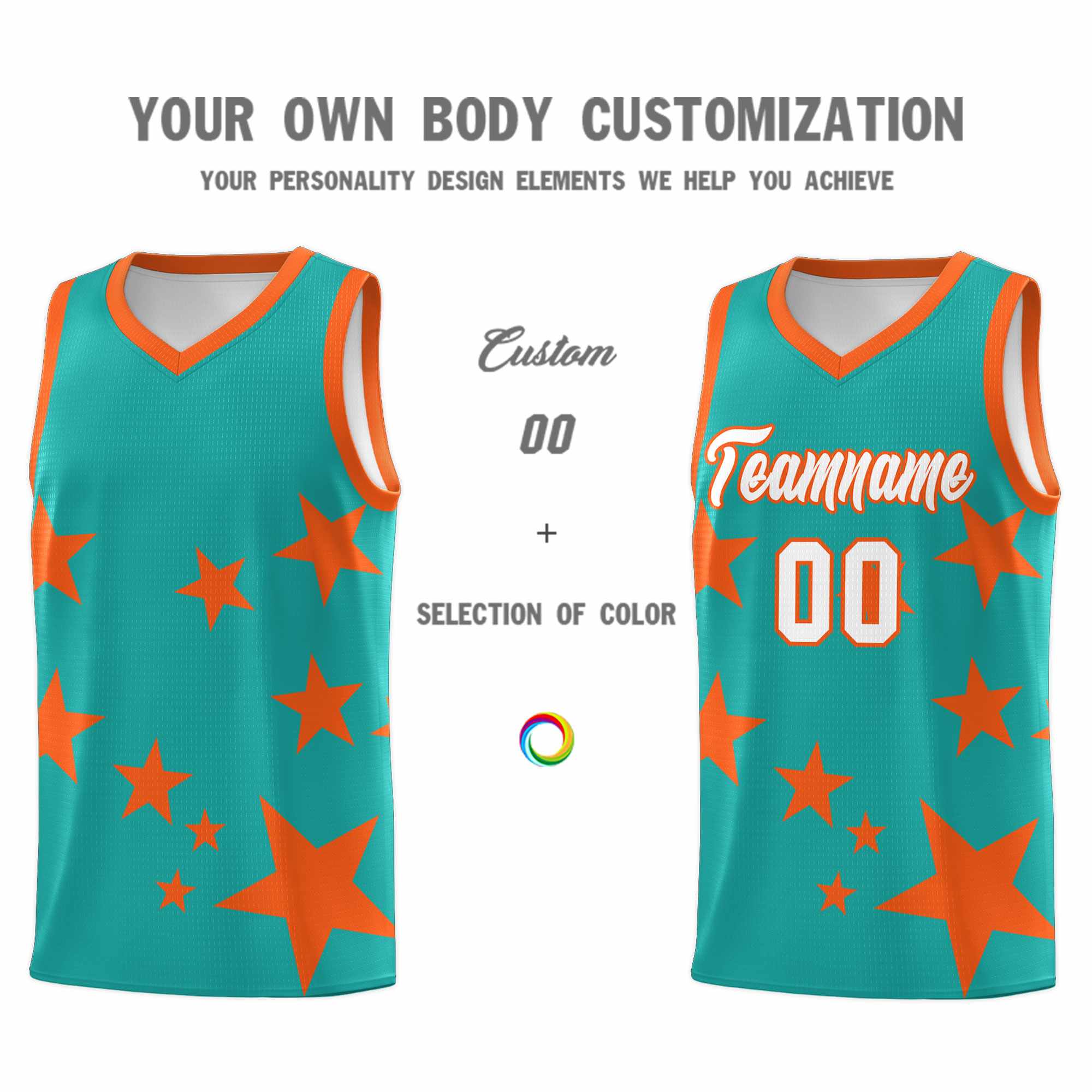 Custom Aqua Orange Graffiti Pattern Star Print Basketball Kits Sets