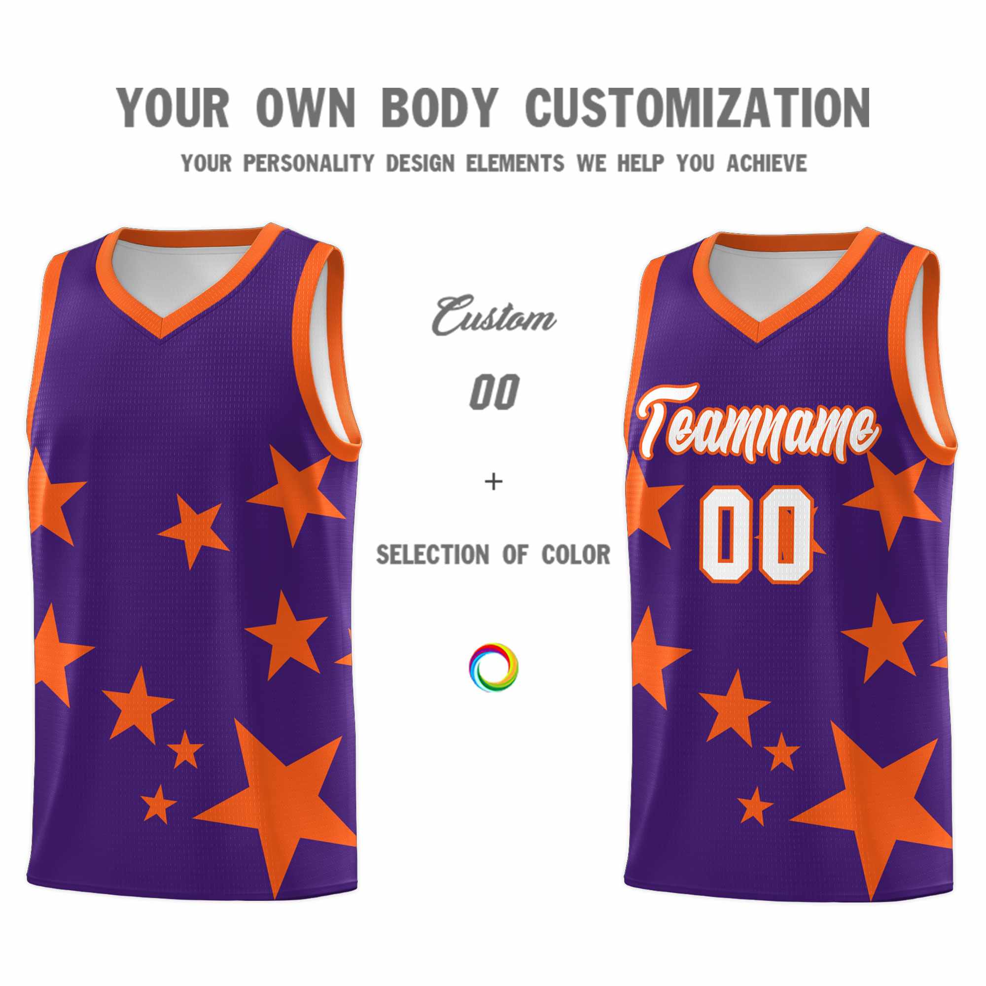Custom Purple Orange Graffiti Pattern Star Print Basketball Kits Sets