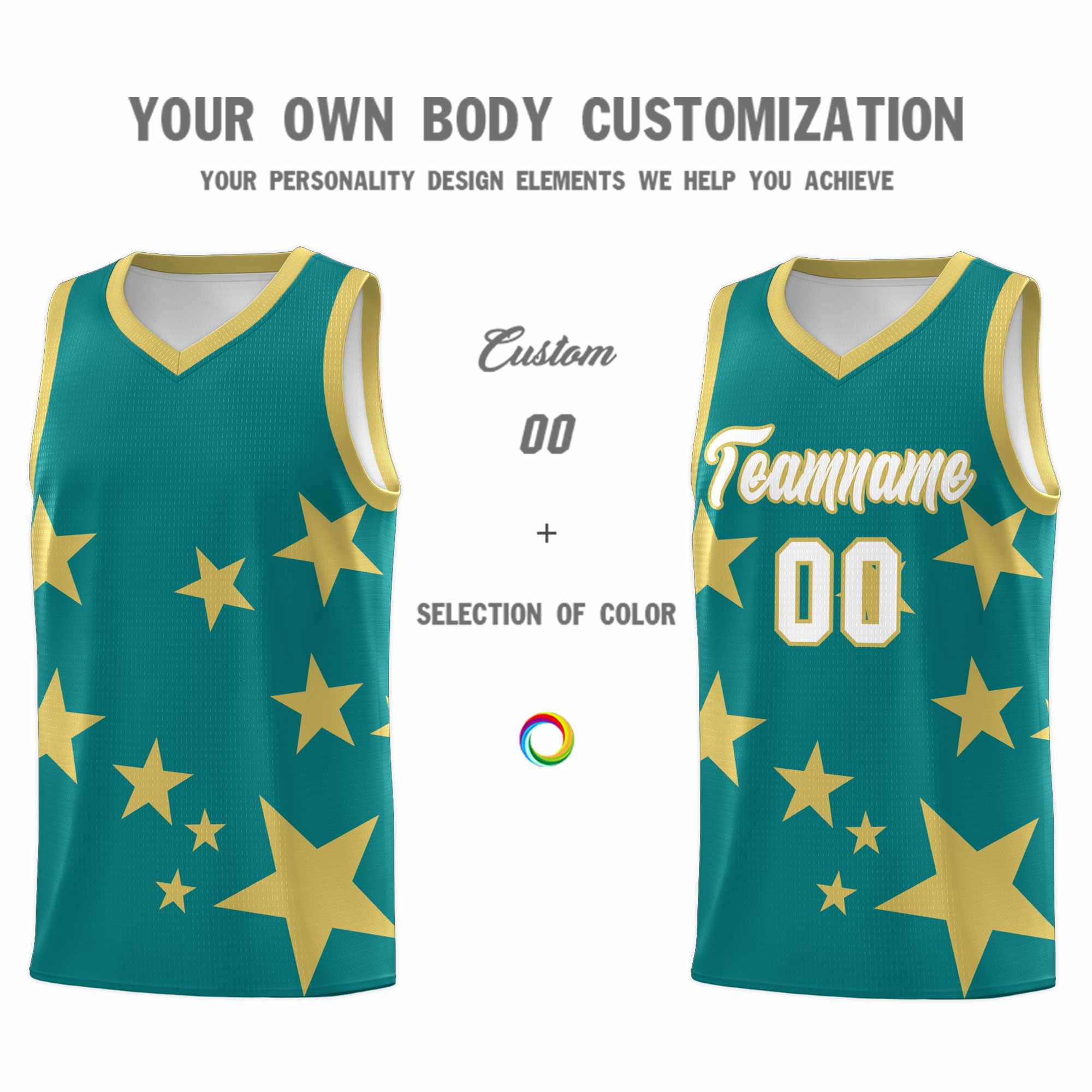 Custom Aqua Old Gold Graffiti Pattern Star Print Basketball Kits Sets
