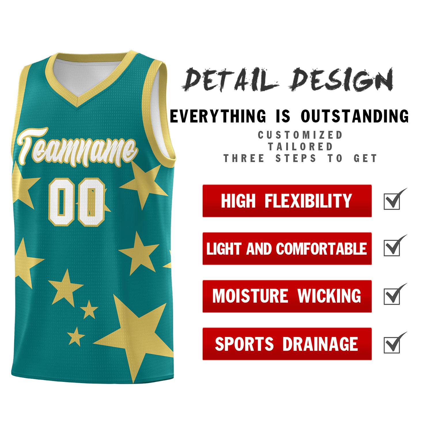 Custom Aqua Old Gold Graffiti Pattern Star Print Basketball Kits Sets