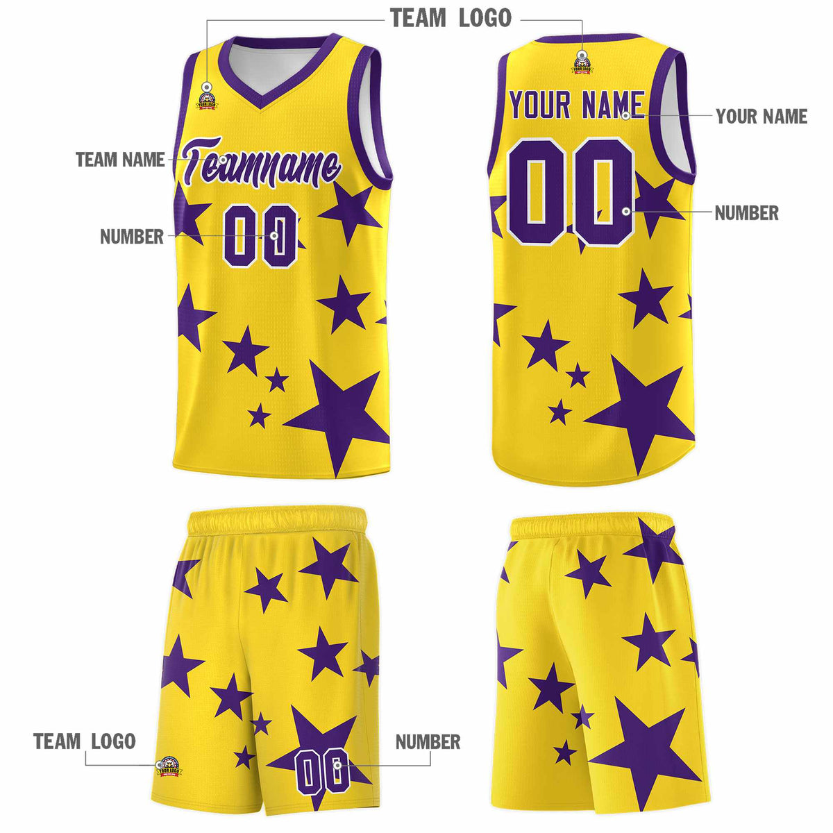 Custom Gold Purple Graffiti Pattern Star Print Basketball Kits Sets