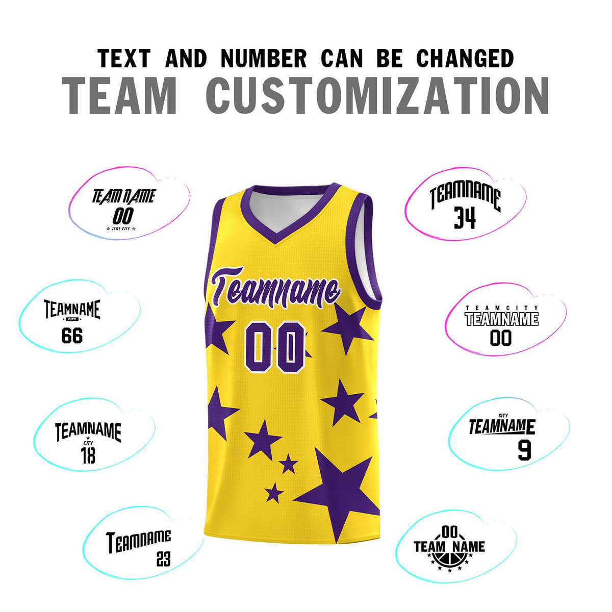 Custom Gold Purple Graffiti Pattern Star Print Basketball Kits Sets