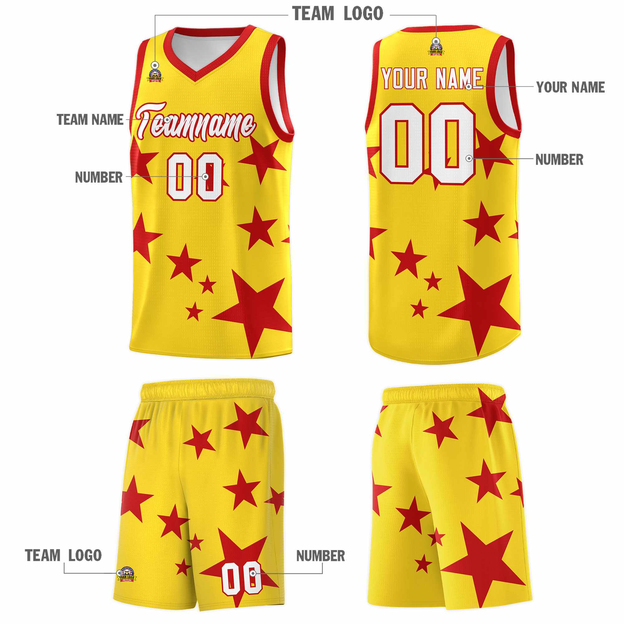 Custom Gold Red Graffiti Pattern Star Print Basketball Kits Sets