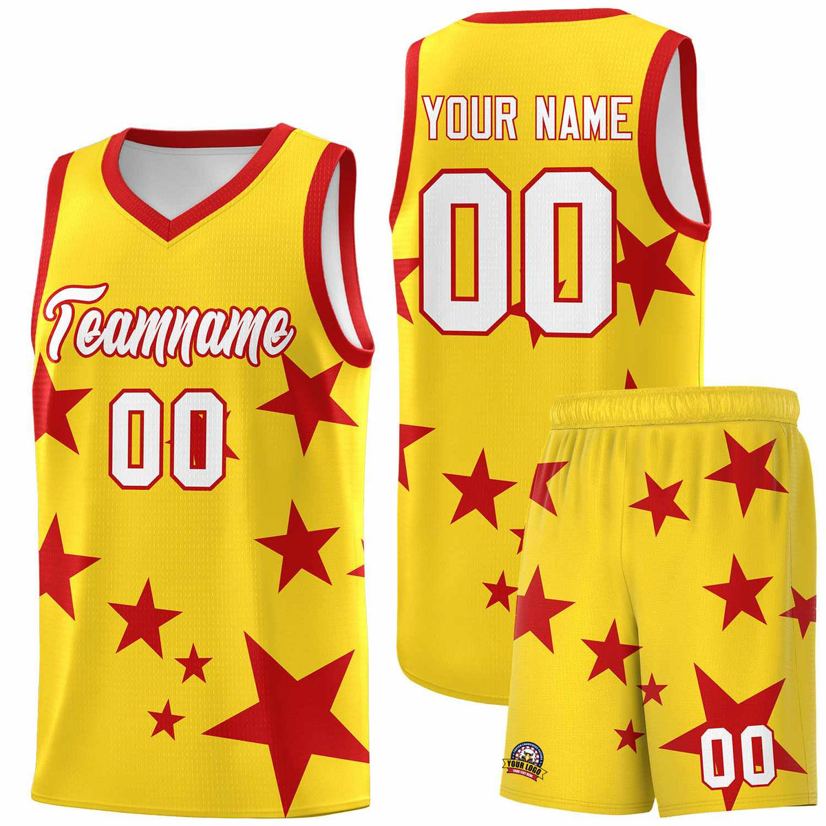 Custom Gold Red Graffiti Pattern Star Print Basketball Kits Sets