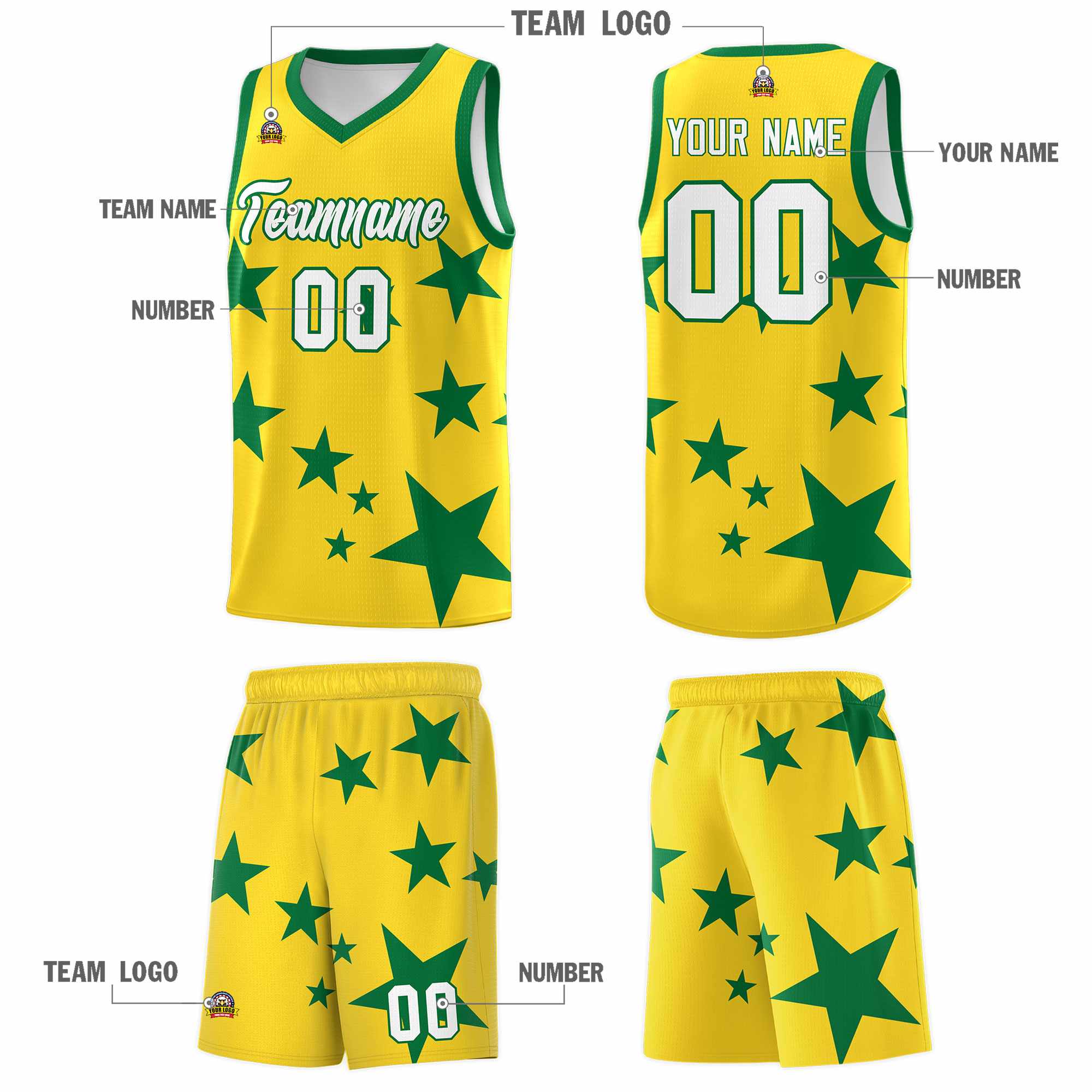 Custom Gold Kelly Green Graffiti Pattern Star Print Basketball Kits Sets