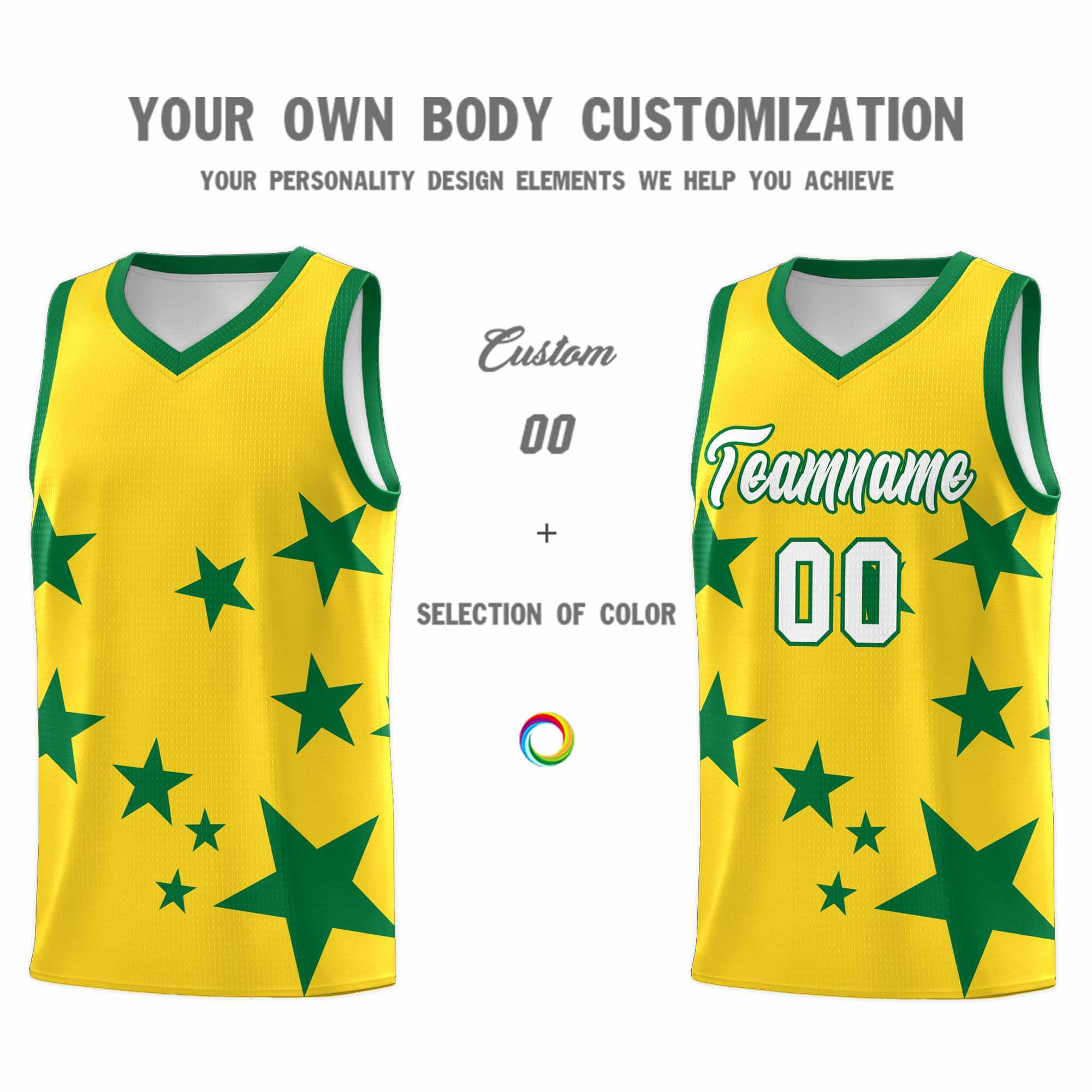 Custom Gold Kelly Green Graffiti Pattern Star Print Basketball Kits Sets