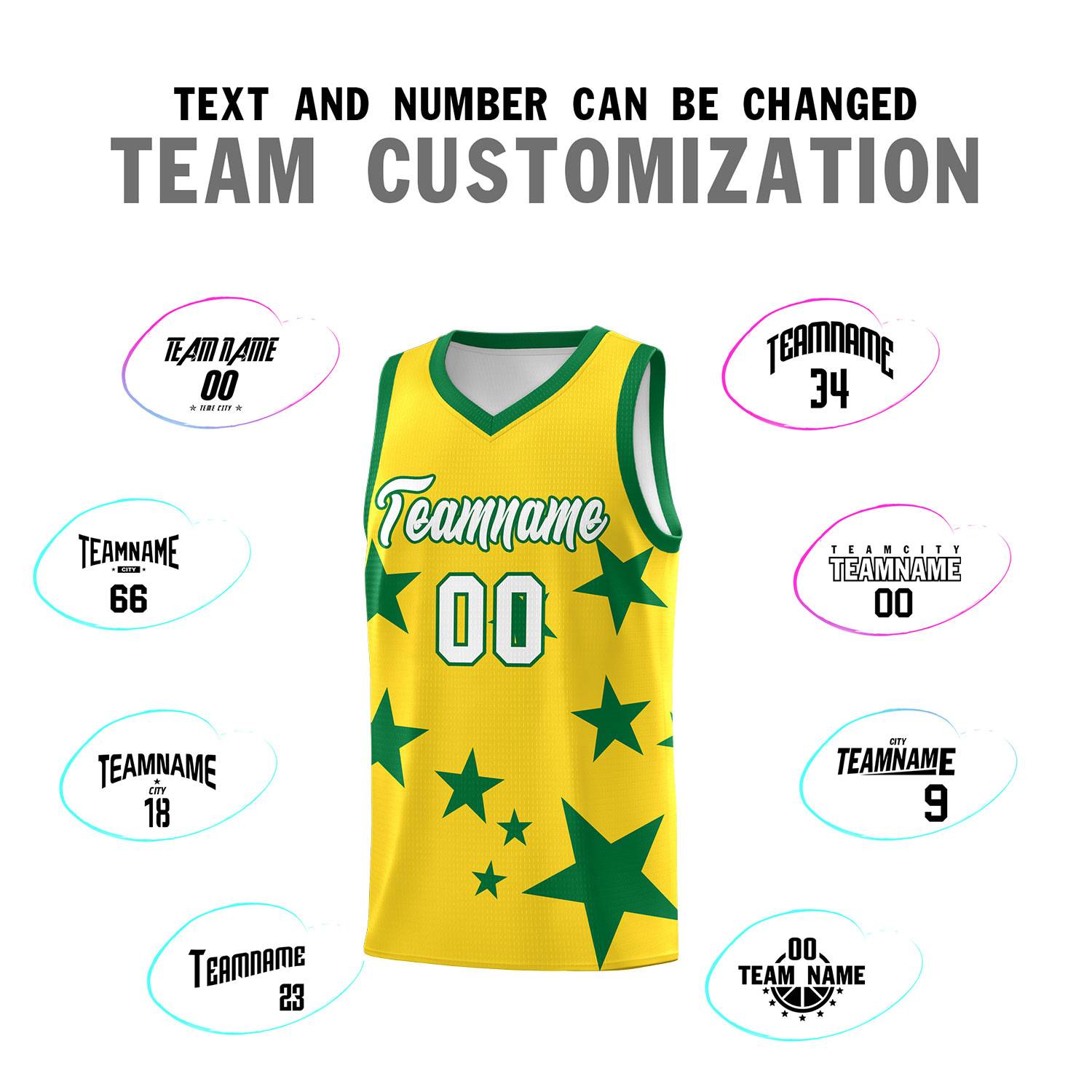 Custom Gold Kelly Green Graffiti Pattern Star Print Basketball Kits Sets