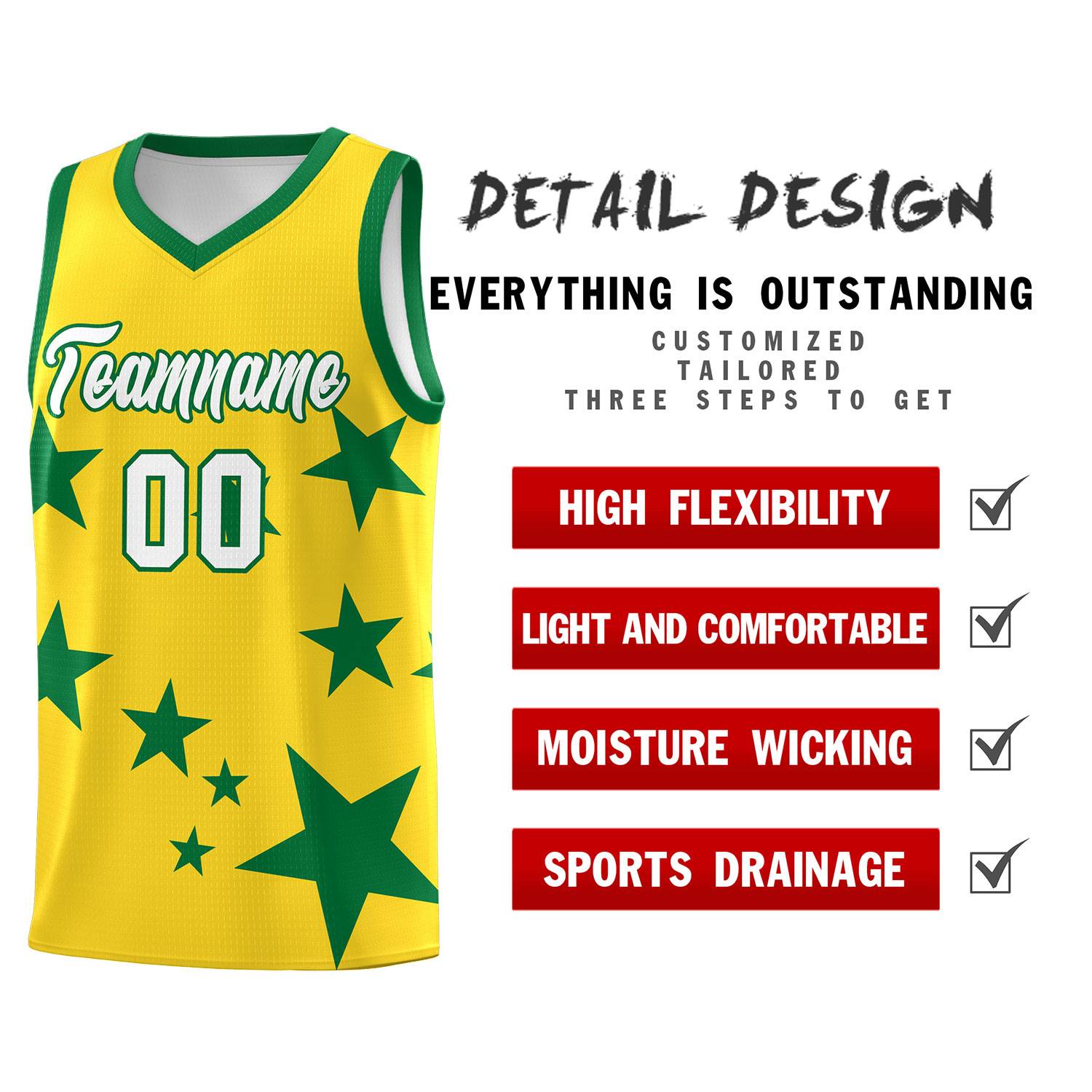 Custom Gold Kelly Green Graffiti Pattern Star Print Basketball Kits Sets