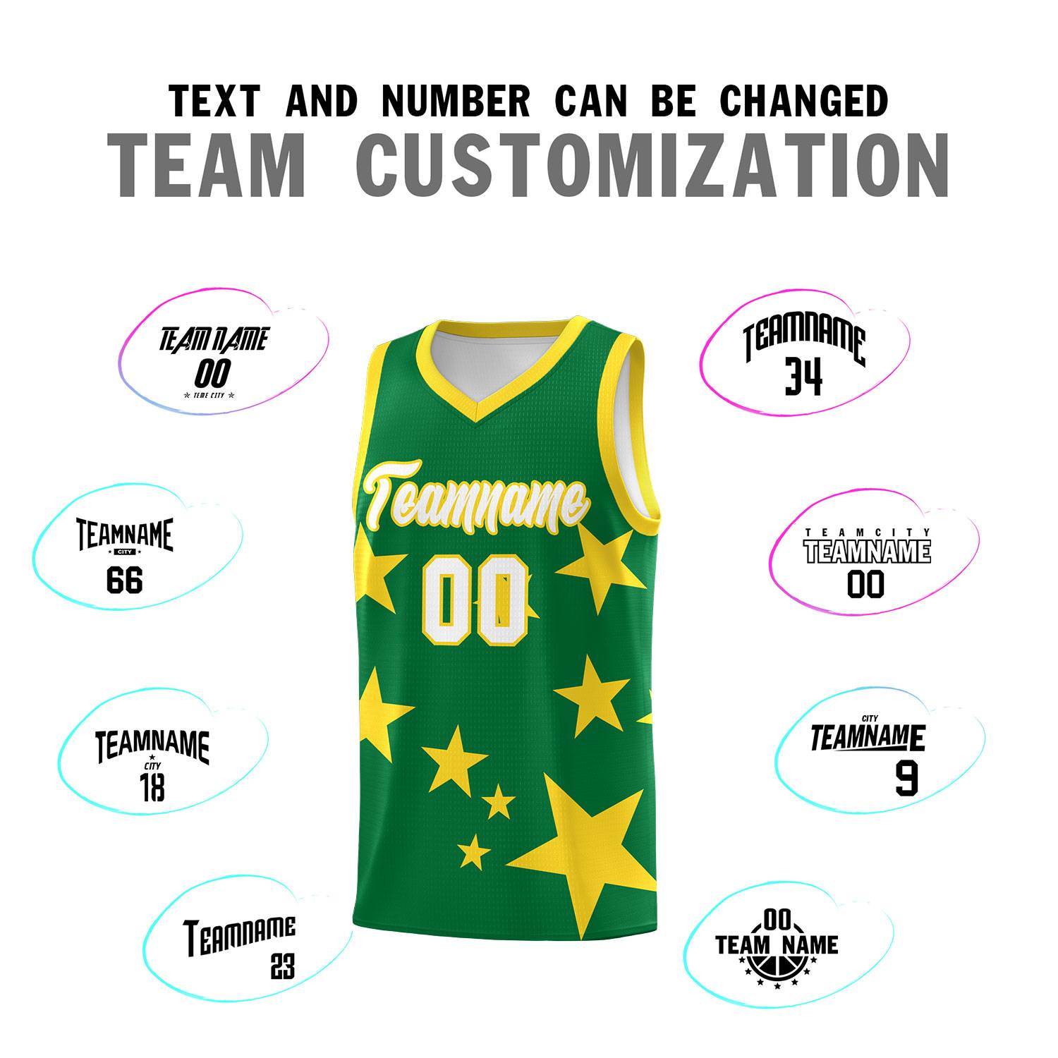 Custom Kelly Green Gold Graffiti Pattern Star Print Basketball Kits Sets