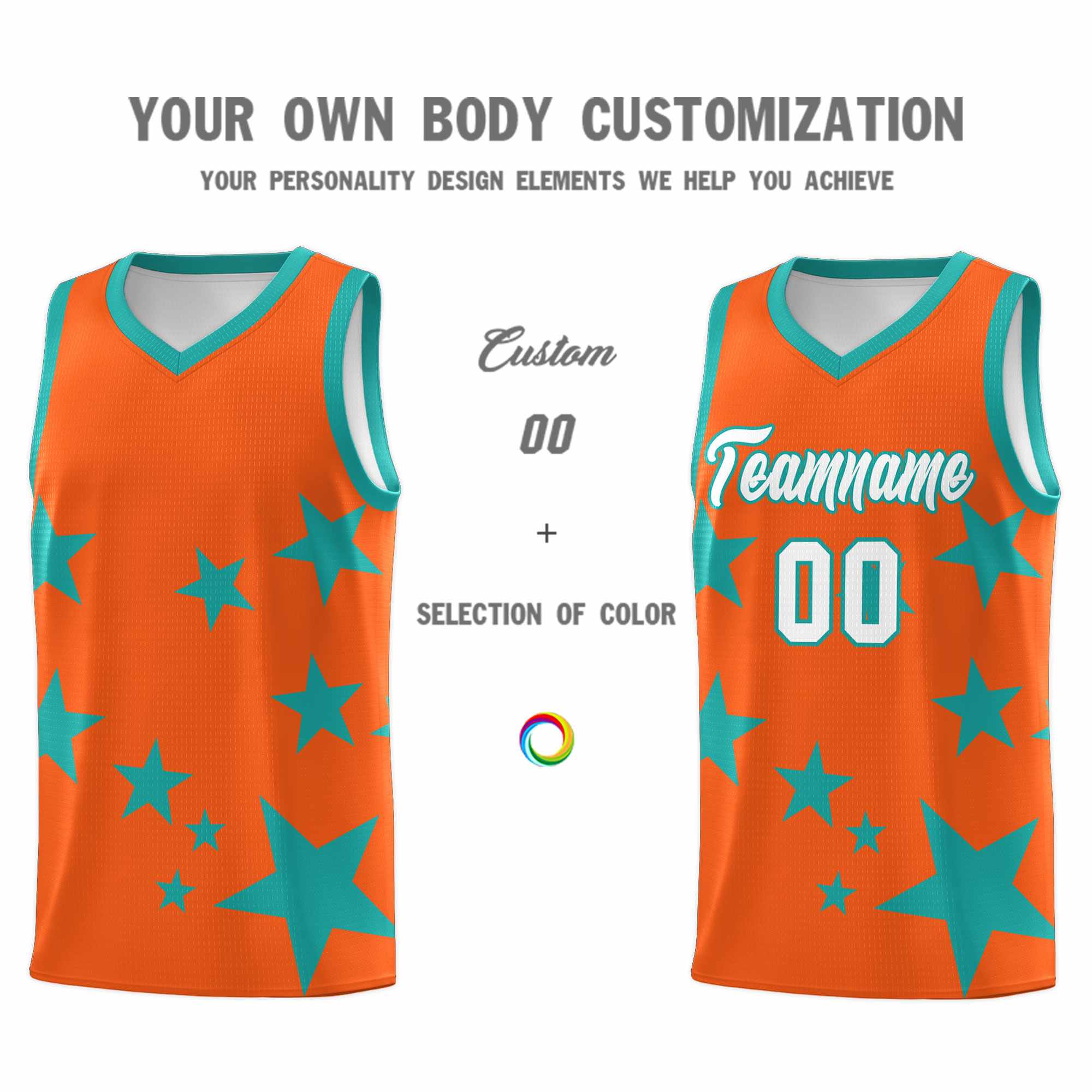 Custom Orange Aqua Graffiti Pattern Star Print Basketball Kits Sets
