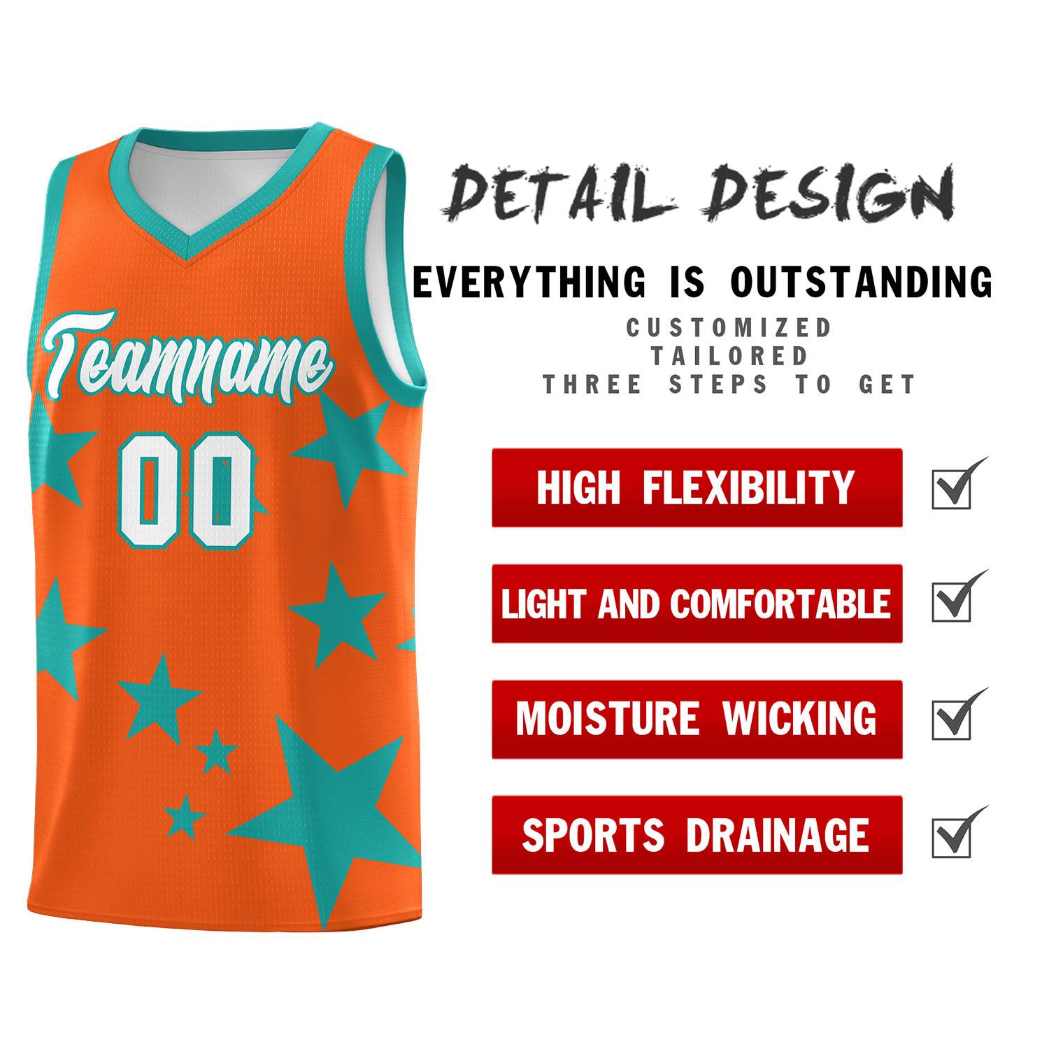 Custom Orange Aqua Graffiti Pattern Star Print Basketball Kits Sets