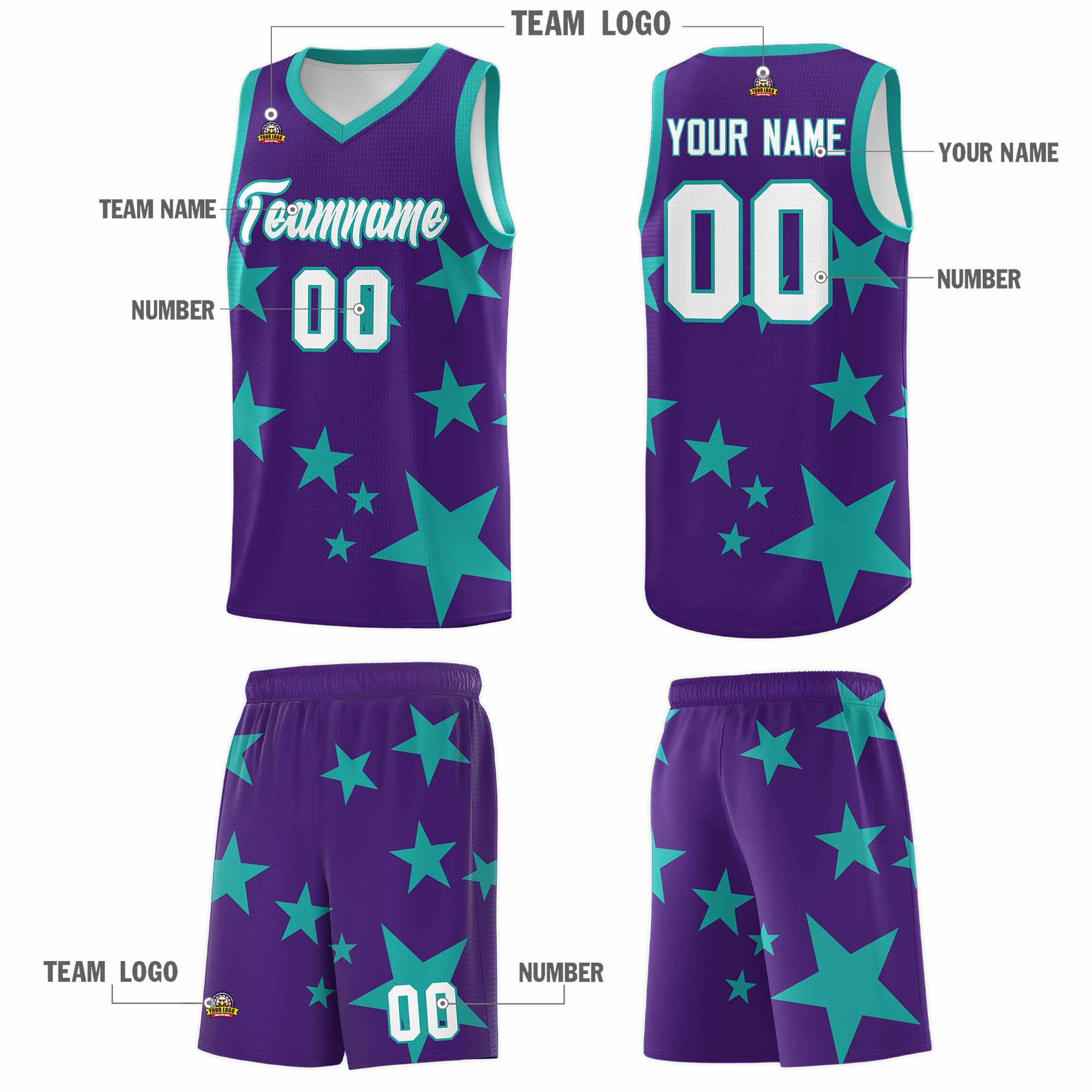 Custom Purple Aqua Graffiti Pattern Star Print Basketball Kits Sets