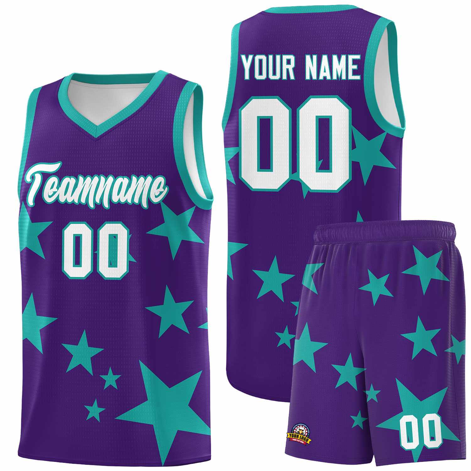 Custom Purple Aqua Graffiti Pattern Star Print Basketball Kits Sets