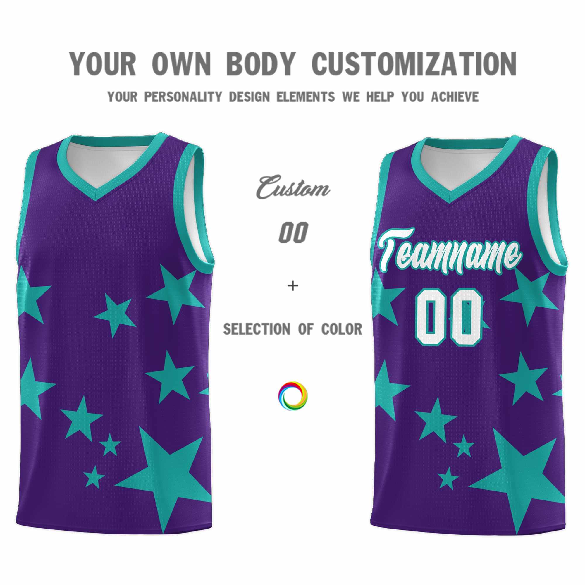 Custom Purple Aqua Graffiti Pattern Star Print Basketball Kits Sets