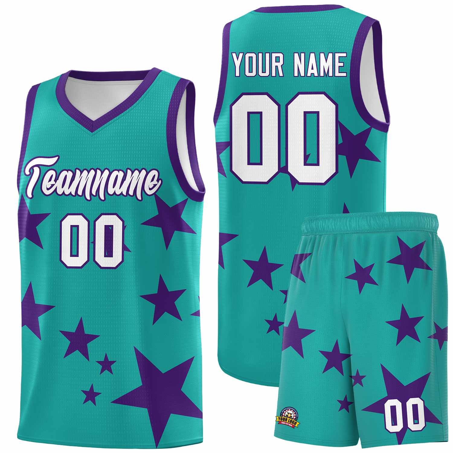 Custom Aqua Purple Graffiti Pattern Star Print Basketball Kits Sets