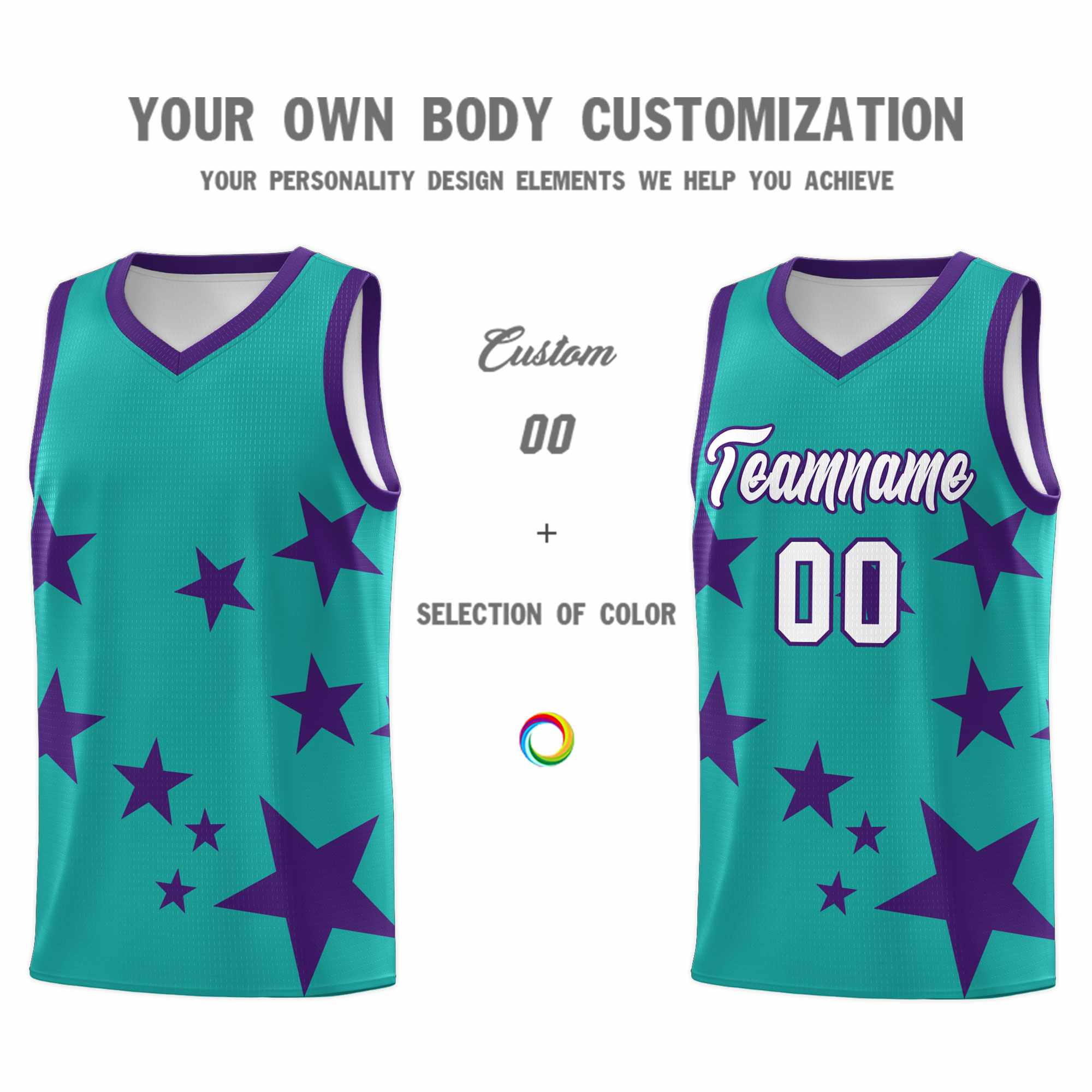 Custom Aqua Purple Graffiti Pattern Star Print Basketball Kits Sets