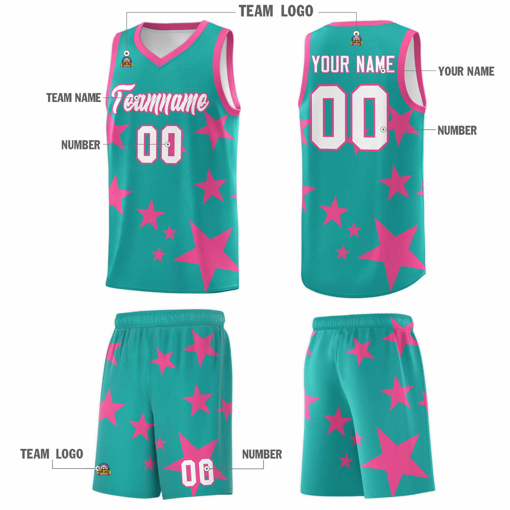 Custom Aqua Pink Graffiti Pattern Star Print Basketball Kits Sets