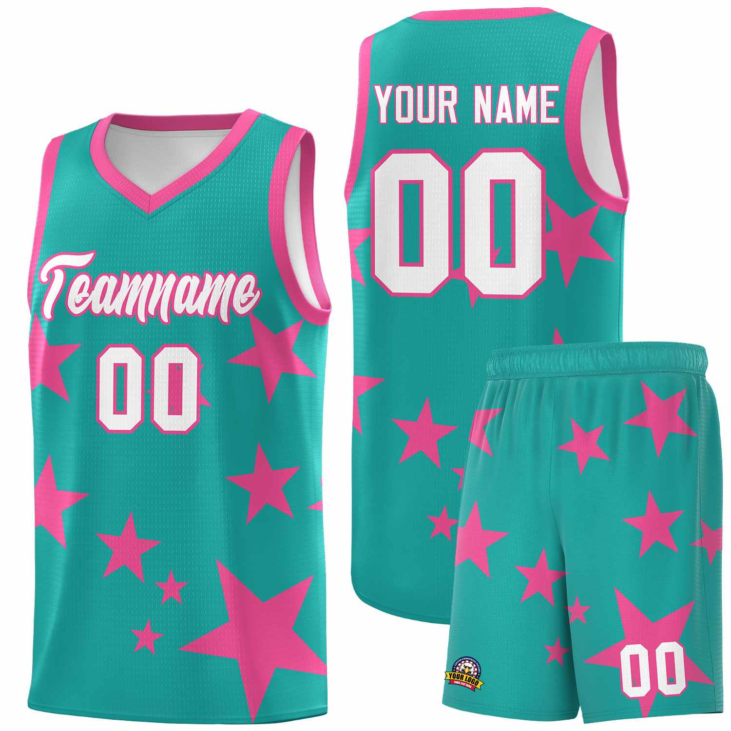 Custom Aqua Pink Graffiti Pattern Star Print Basketball Kits Sets