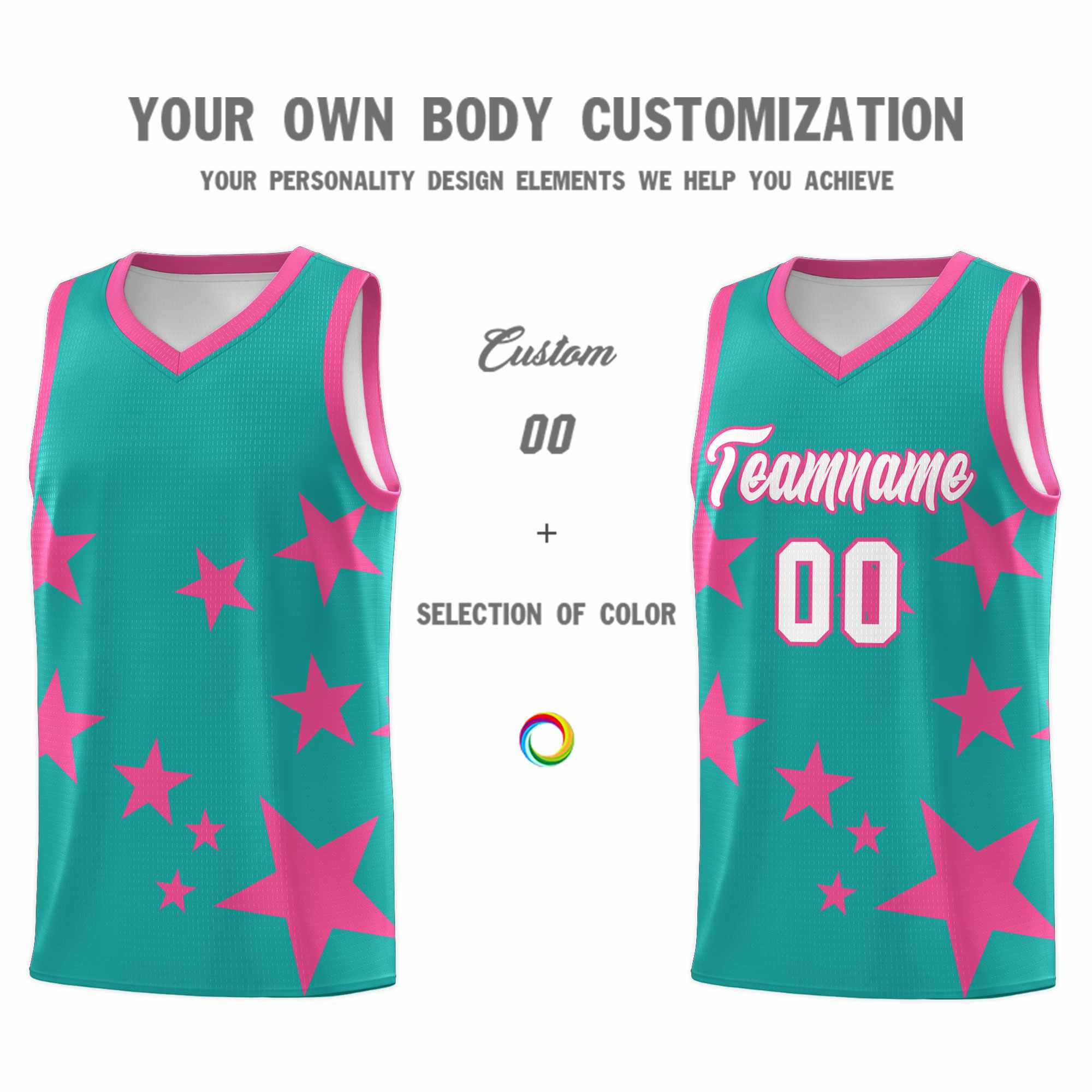 Custom Aqua Pink Graffiti Pattern Star Print Basketball Kits Sets