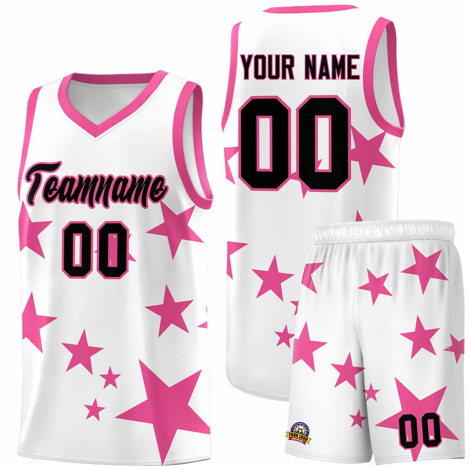 Custom White Pink Graffiti Pattern Star Print Basketball Kits Sets
