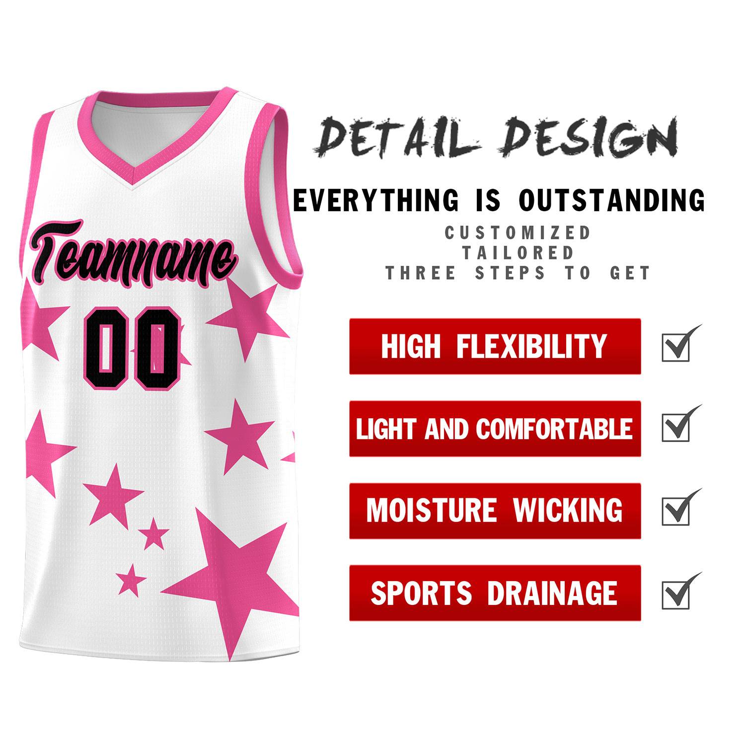 Custom White Pink Graffiti Pattern Star Print Basketball Kits Sets