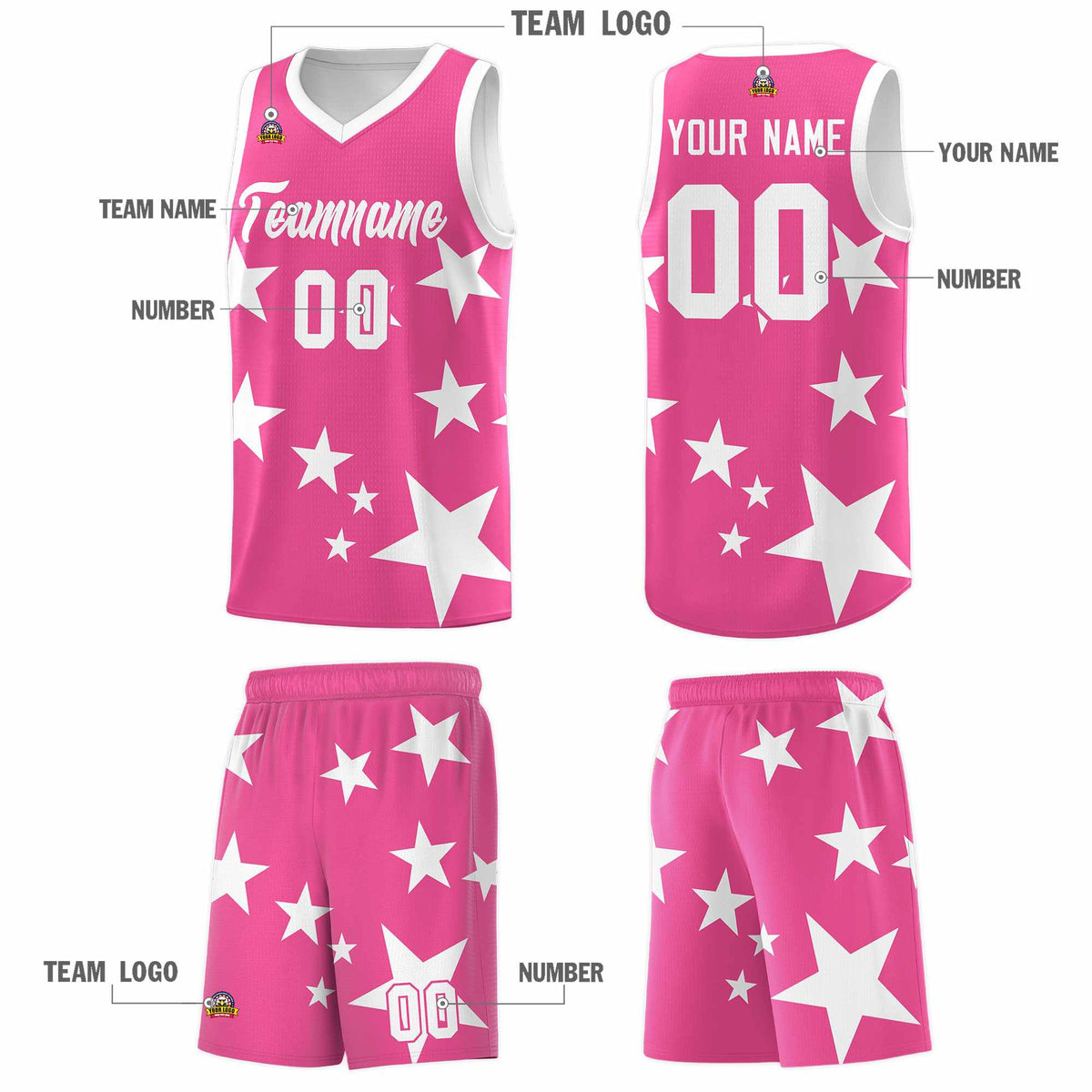 Custom Pink White Graffiti Pattern Star Print Basketball Kits Sets