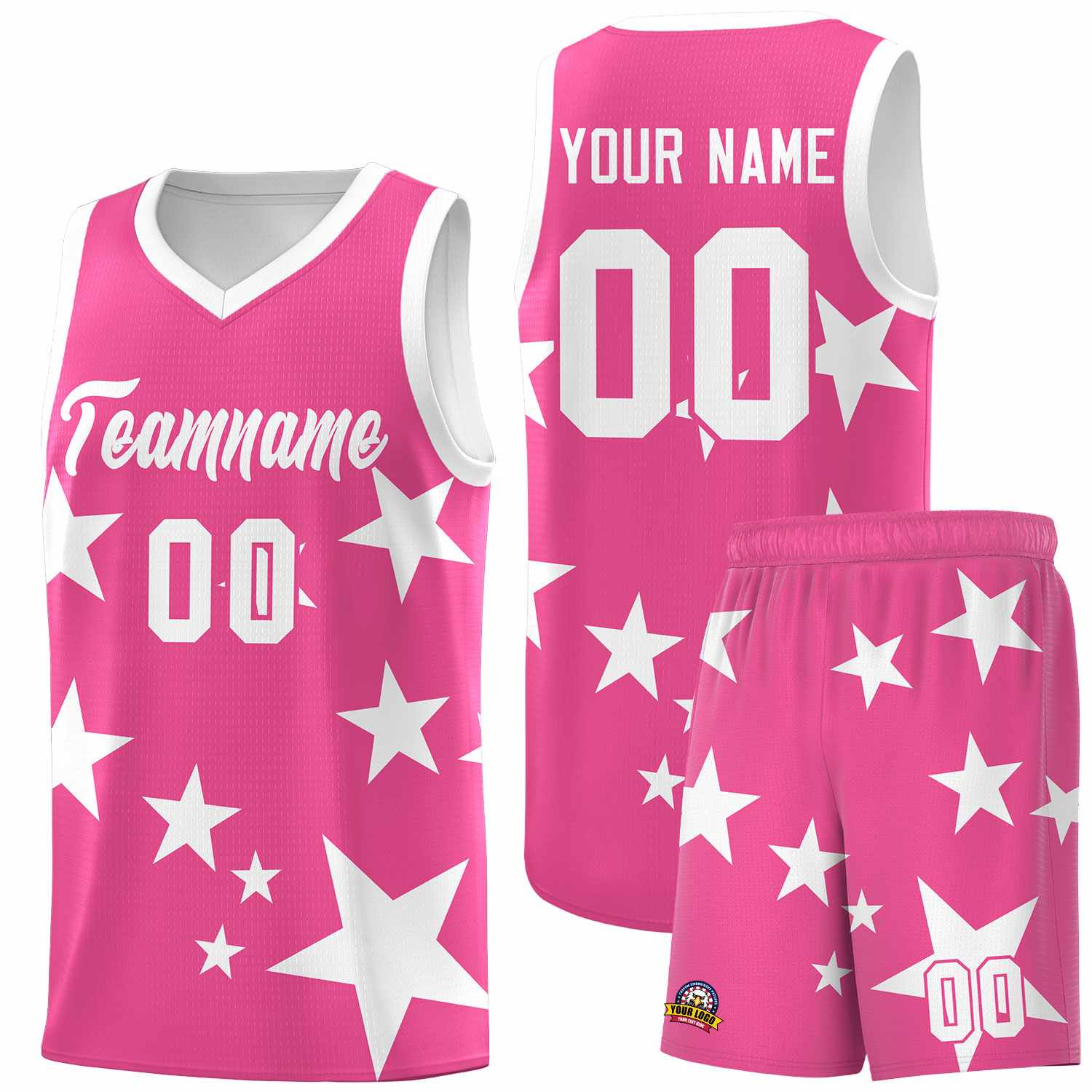 Custom Pink White Graffiti Pattern Star Print Basketball Kits Sets