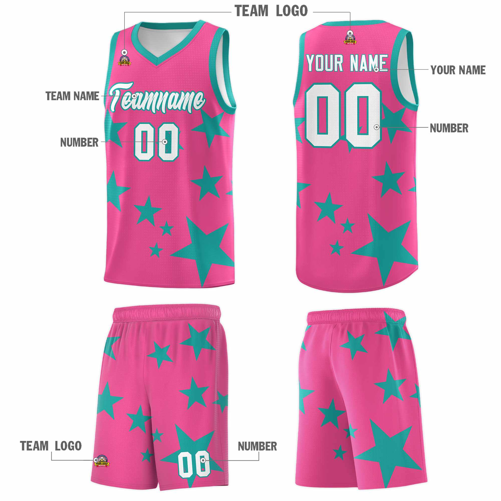 Custom Pink Aqua Graffiti Pattern Star Print Basketball Kits Sets