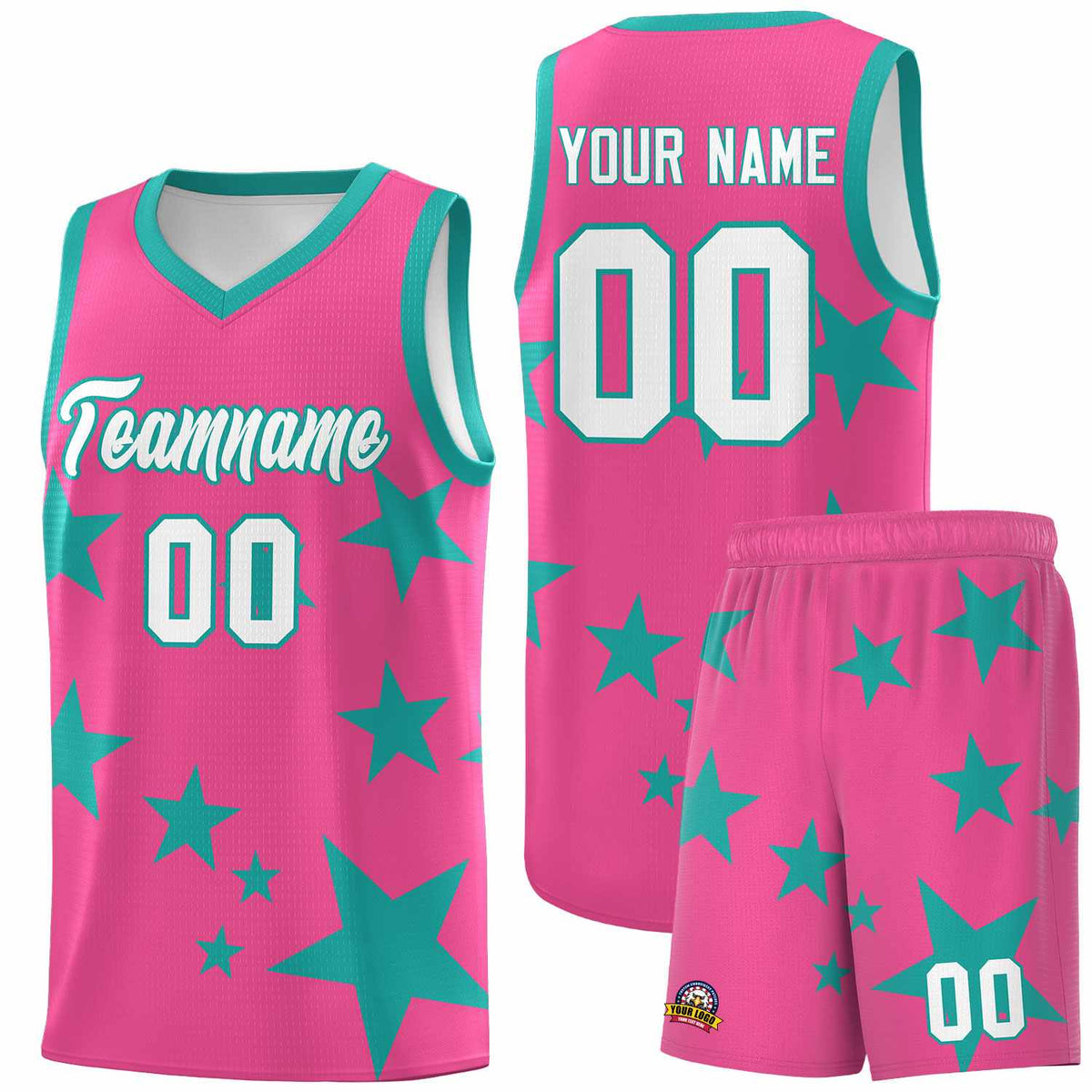 Custom Pink Aqua Graffiti Pattern Star Print Basketball Kits Sets